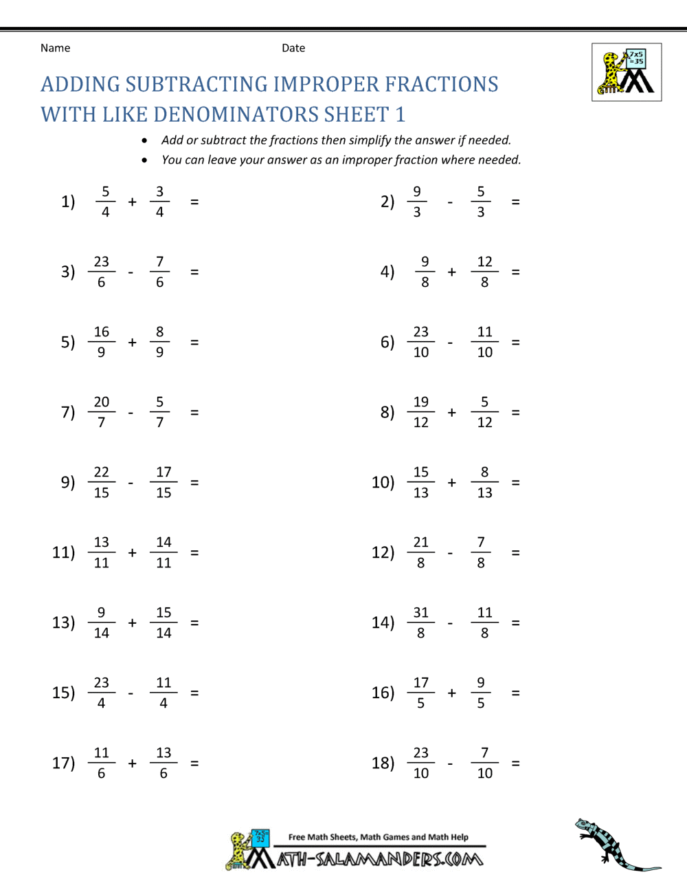 Adding Subtracting Fractions Worksheets