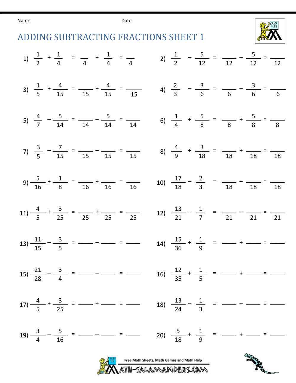 Adding Subtracting Fractions Worksheets