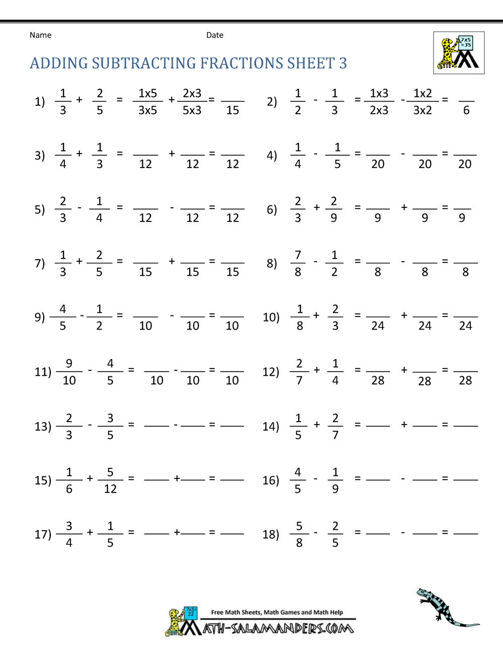 Adding Subtracting Fractions Worksheets