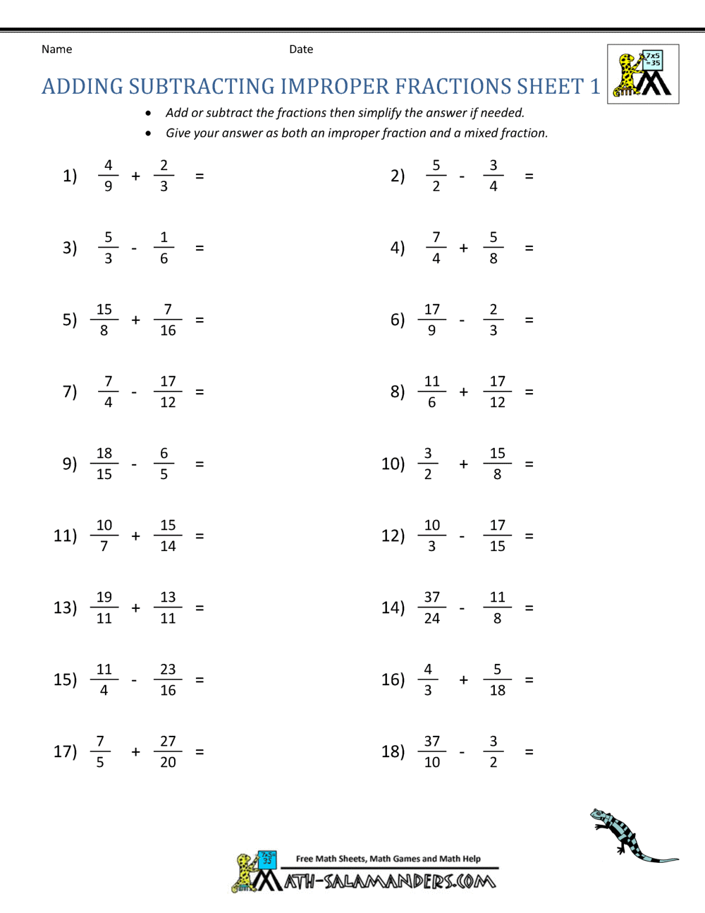 Adding Subtracting Fractions Worksheets Adding Subtracting Fractions Worksheets