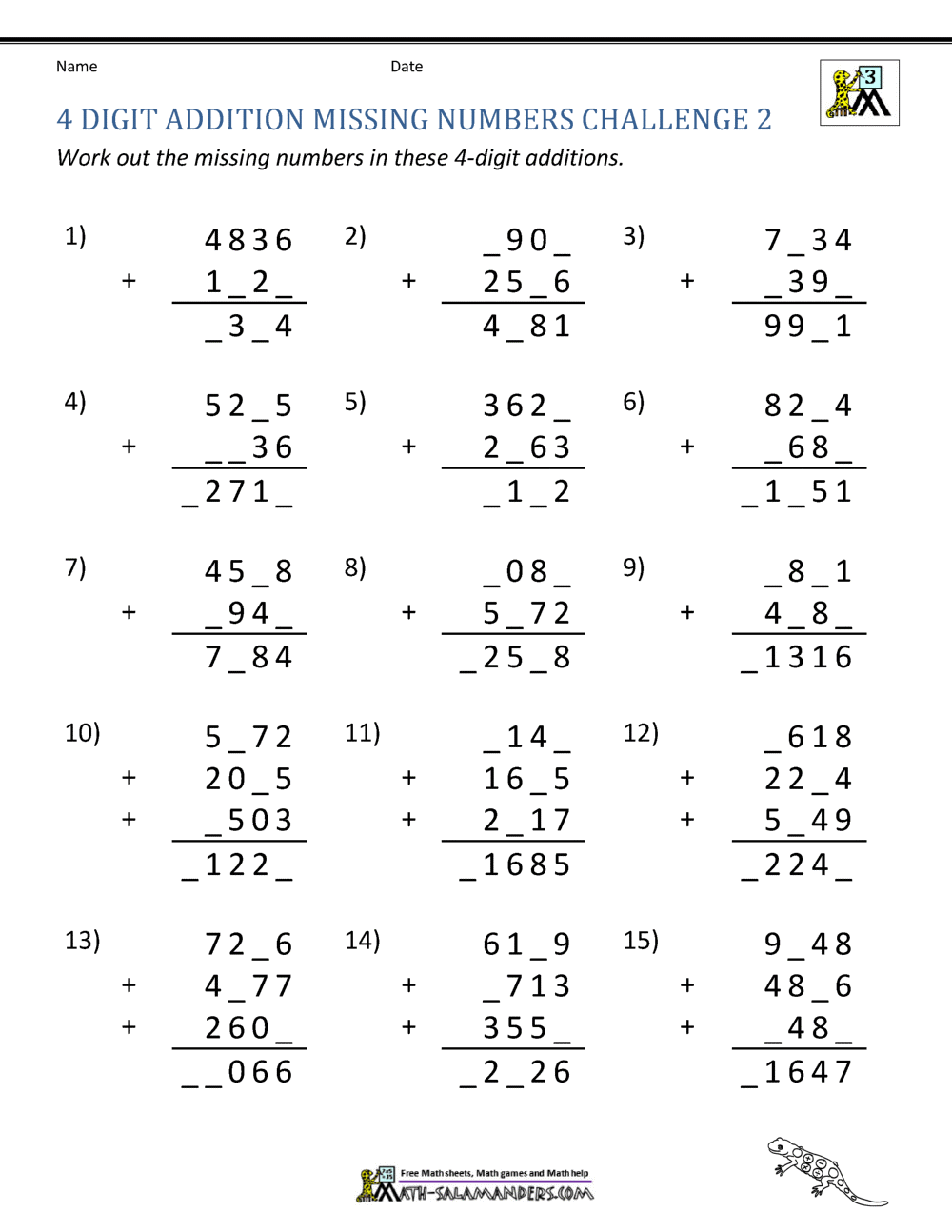 Addition 4 Digit Worksheets 3rd Grade