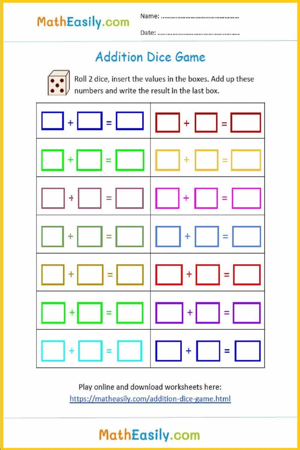 Addition Dice Games PRINTABLE Online