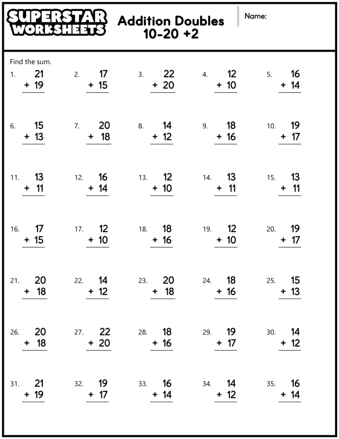 Addition Doubles Worksheets Superstar Worksheets
