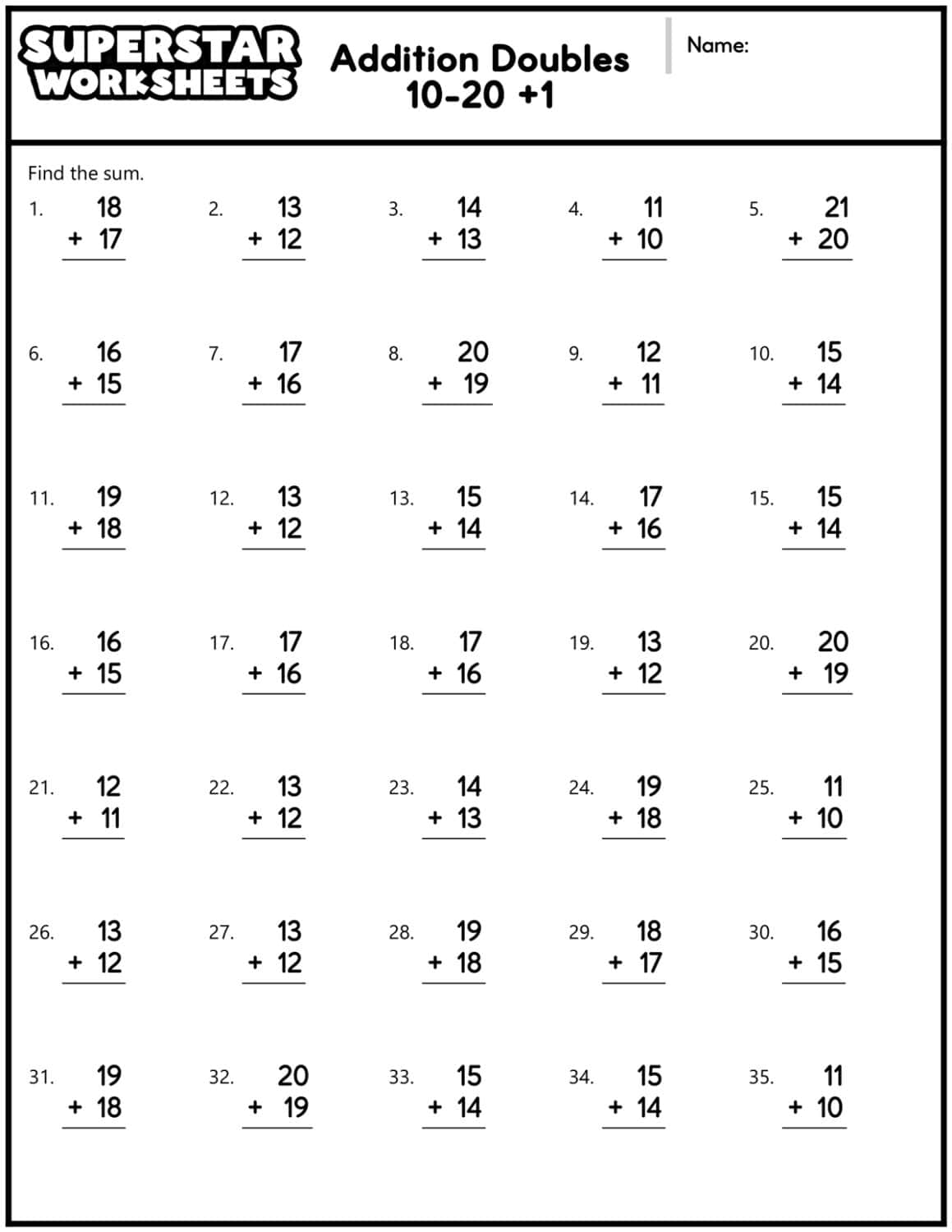 Addition Doubles Worksheets Superstar Worksheets