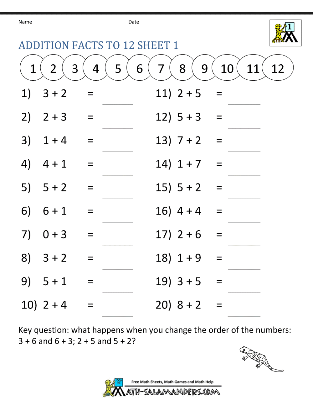 Addition Facts To 20 Worksheets Addition Facts To 20 Worksheets