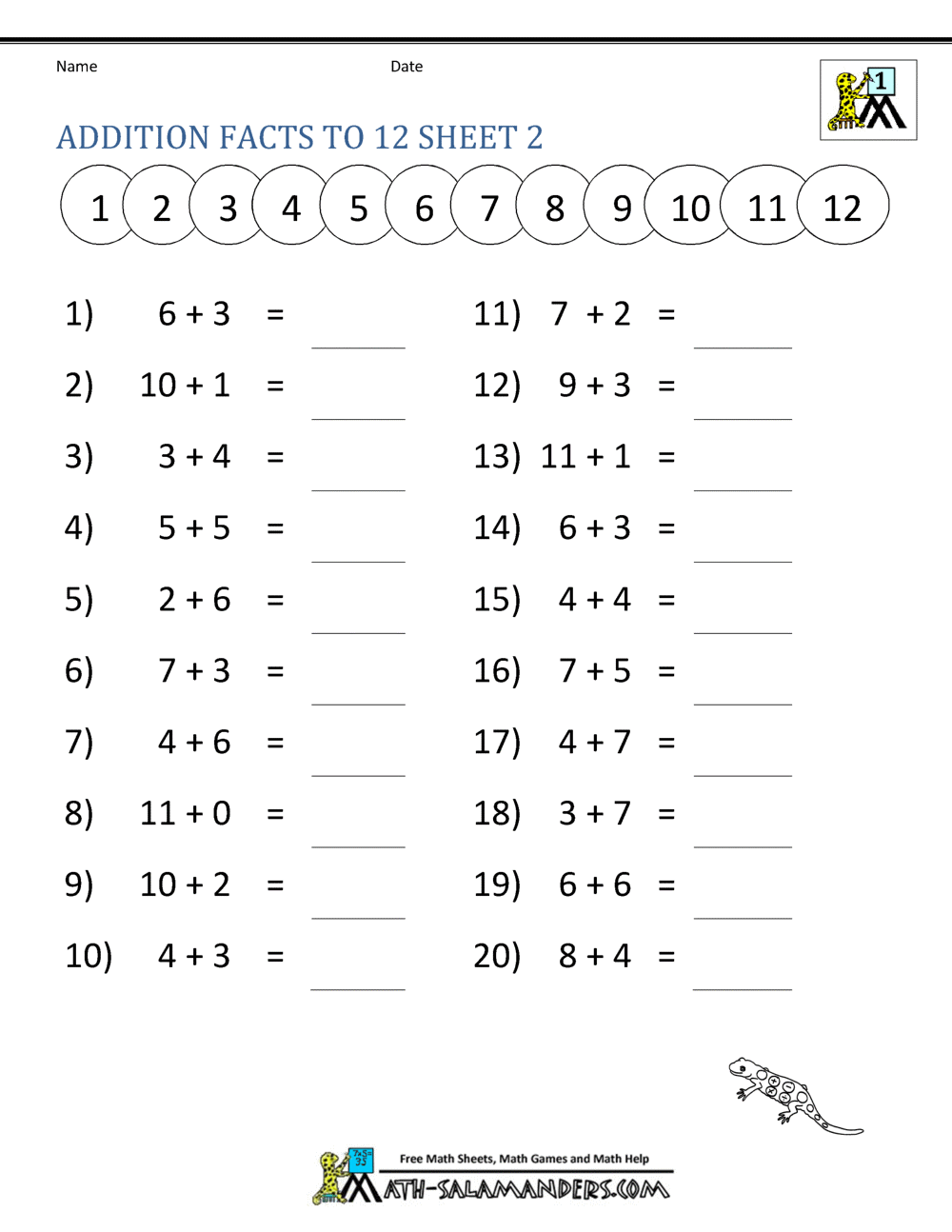 Addition Facts To 20 Worksheets
