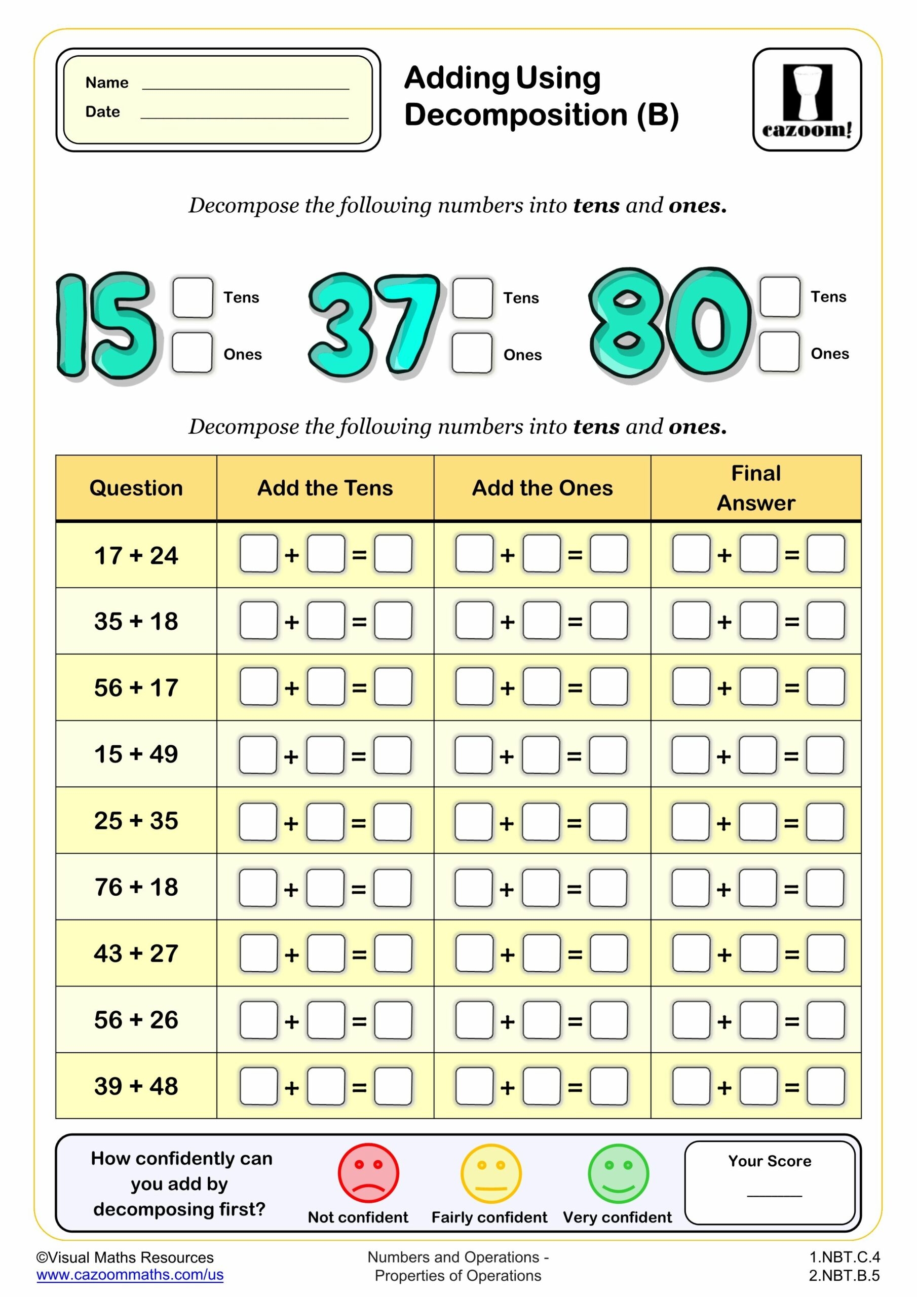 Addition Using Decomposition B PDF Printable Addition Worksheets Cazoom Math
