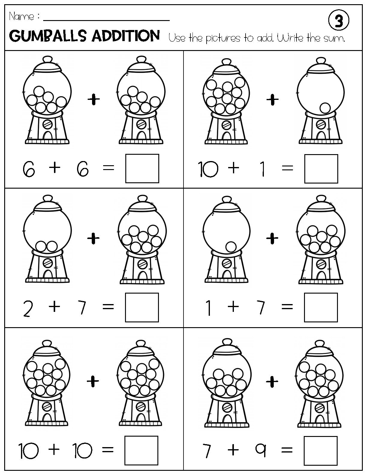 Addition With Pictures Sum Up To 20 Worksheets Adding Gumballs Pictures Math Worksheets Printable Etsy