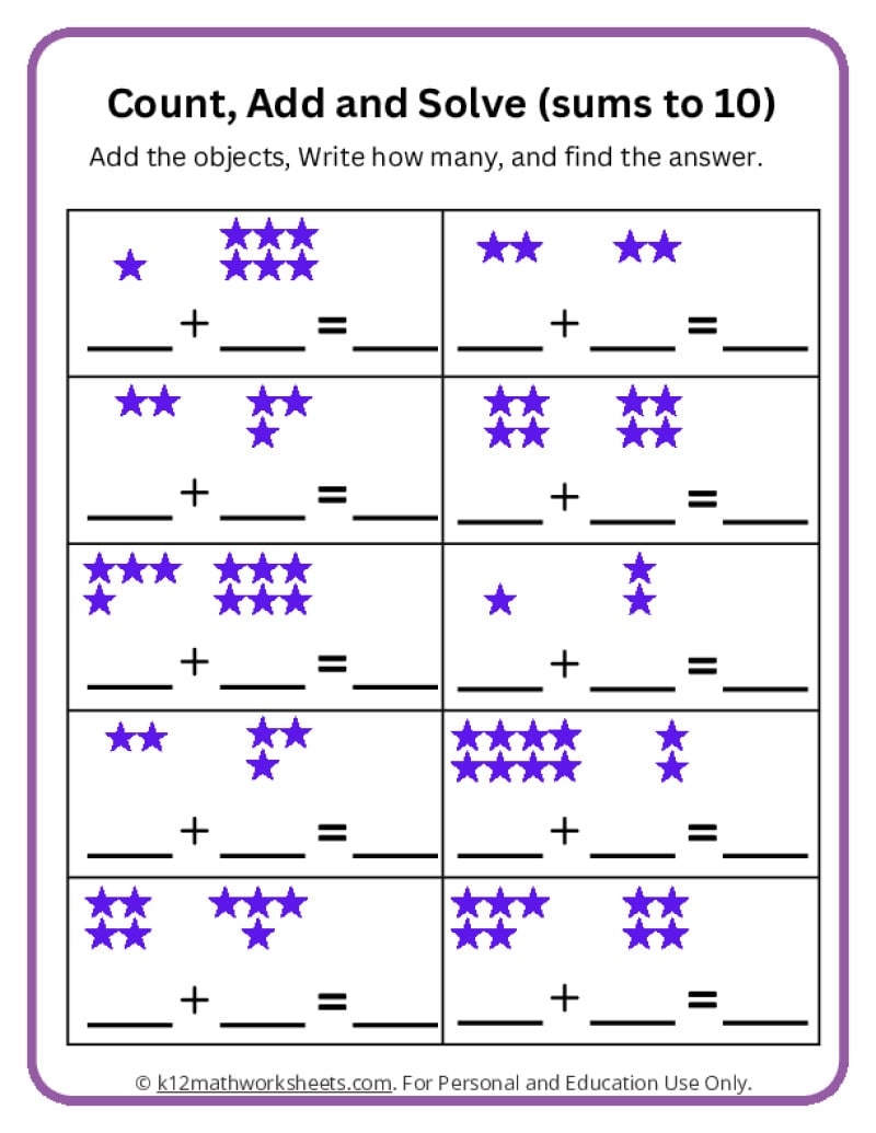 Addition Worksheets For Kindergarten Addition To 10 Games Online Worksheets With Pictures