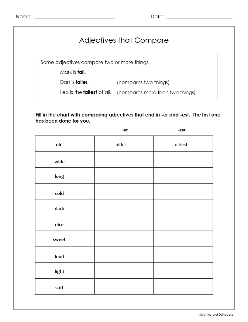 Adjectives That Compare Using Er Est 4 Worksheets Grades 1 2 CCSS Made By Teachers