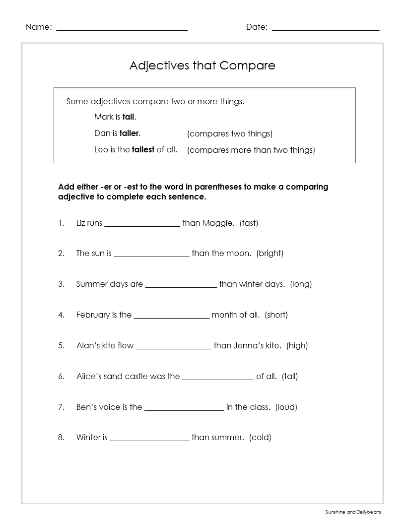 Adjectives That Compare Using er est 4 Worksheets Grades 1 2 CCSS Made By Teachers