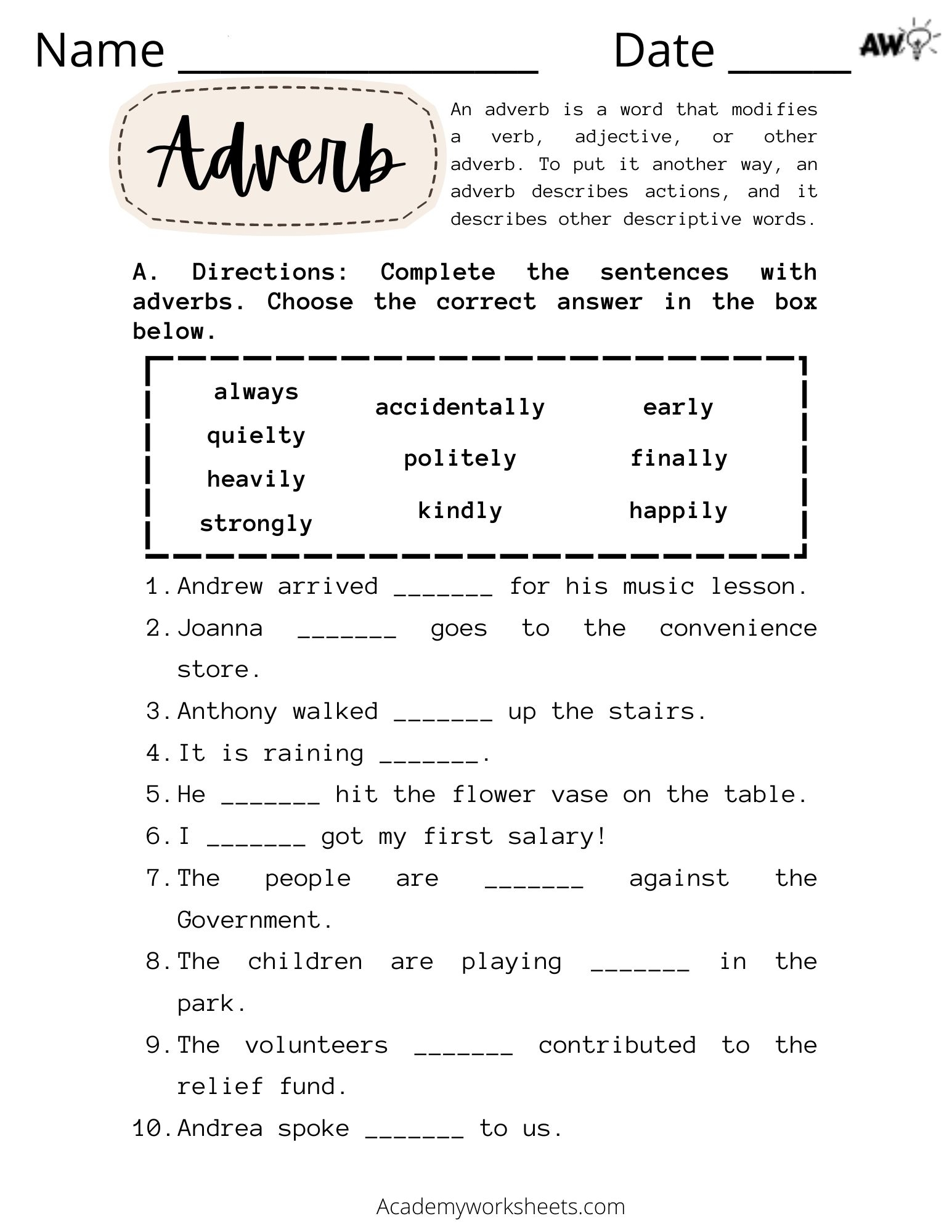 Adverb Worksheet Academy Worksheets Worksheets Library Adverb Worksheet Academy Worksheets Worksheets Library