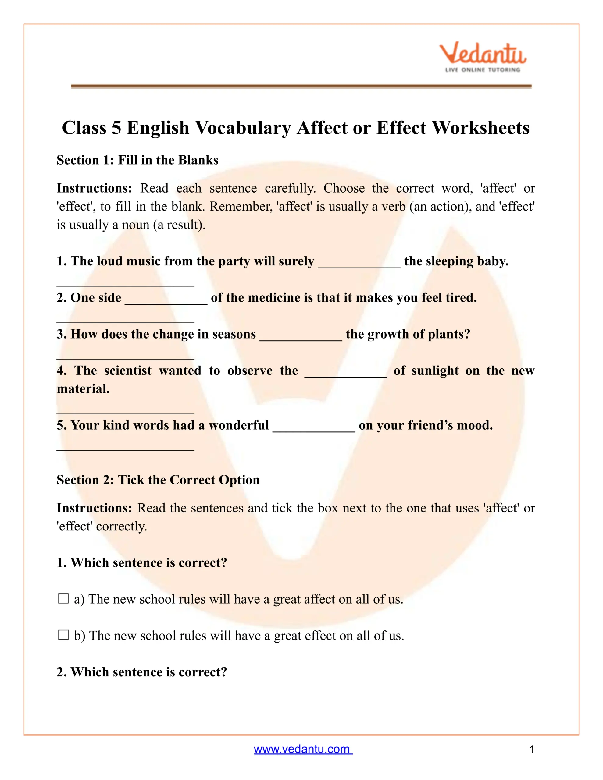 Affect Vs Effect Worksheet For Class 5 Free PDF Practice Affect Vs Effect Worksheet For Class 5 Free PDF Practice