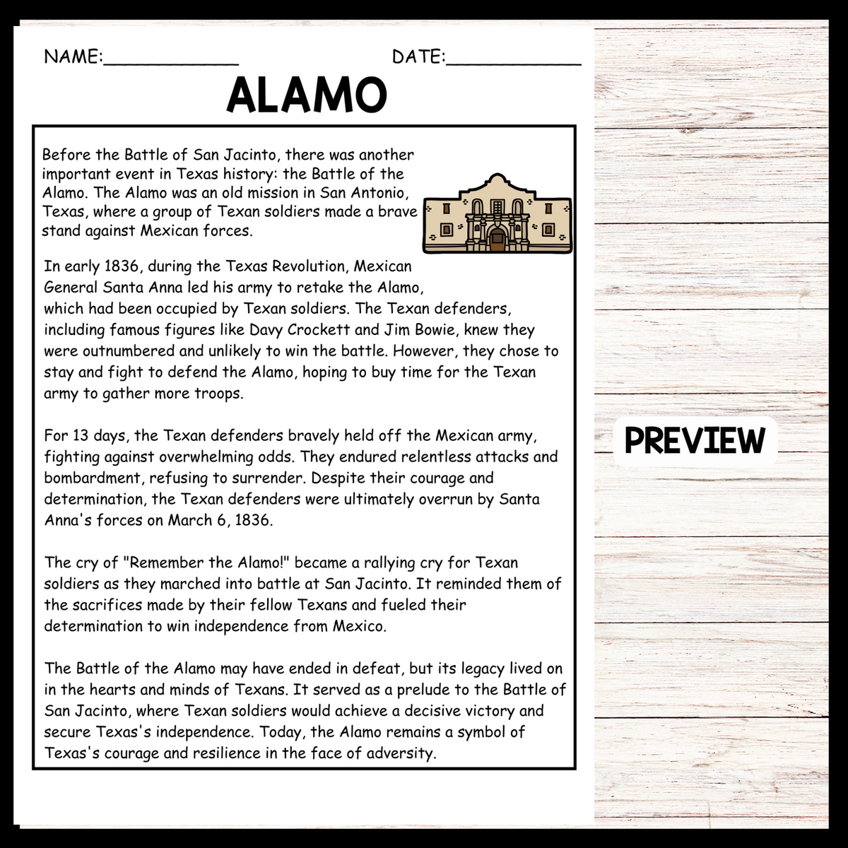 ALAMO Texas History Reading Comprehension Worksheets Made By Teachers