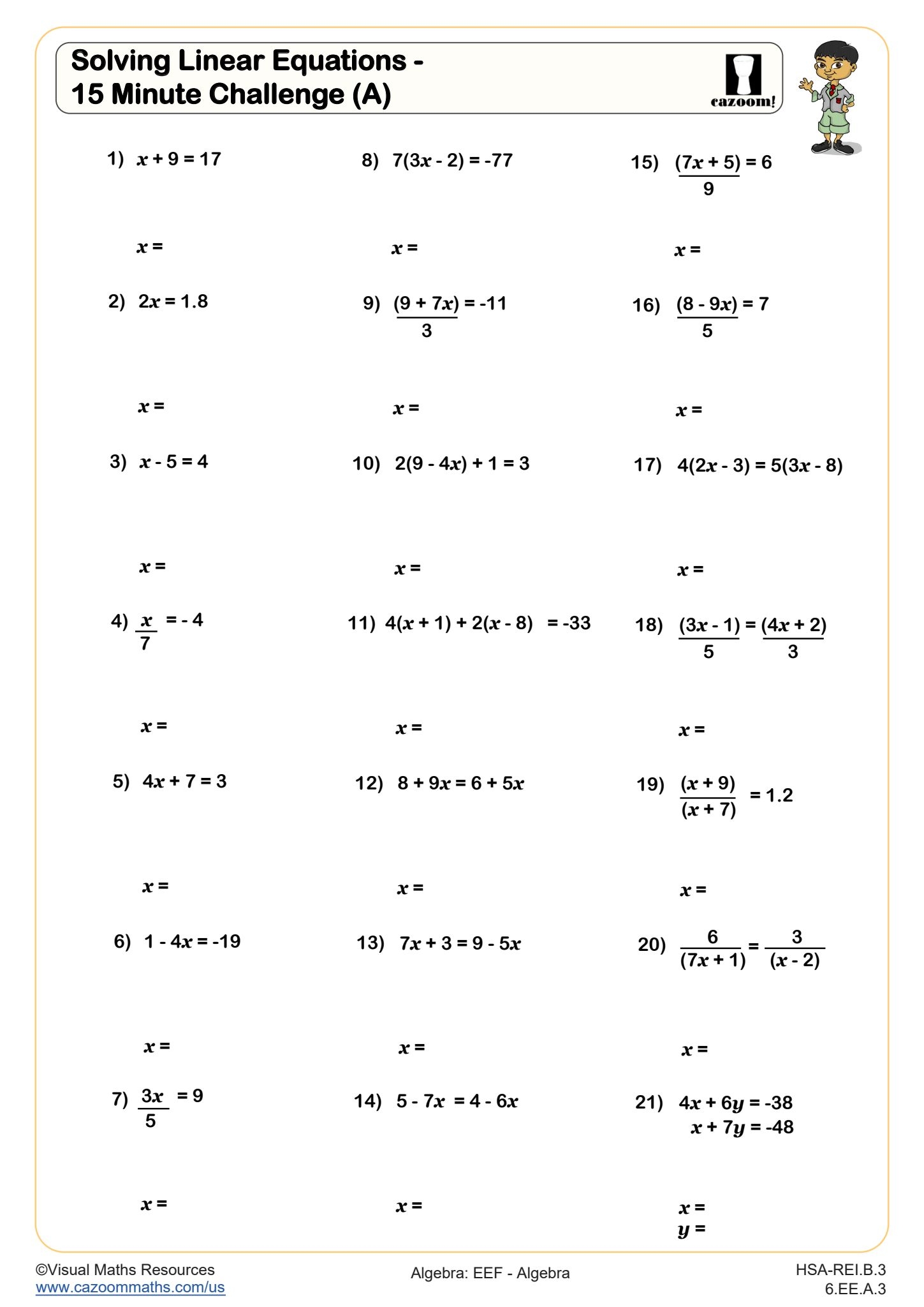 Algebra Worksheets With Answers Printable PDF Math Worksheets Cazoom Math