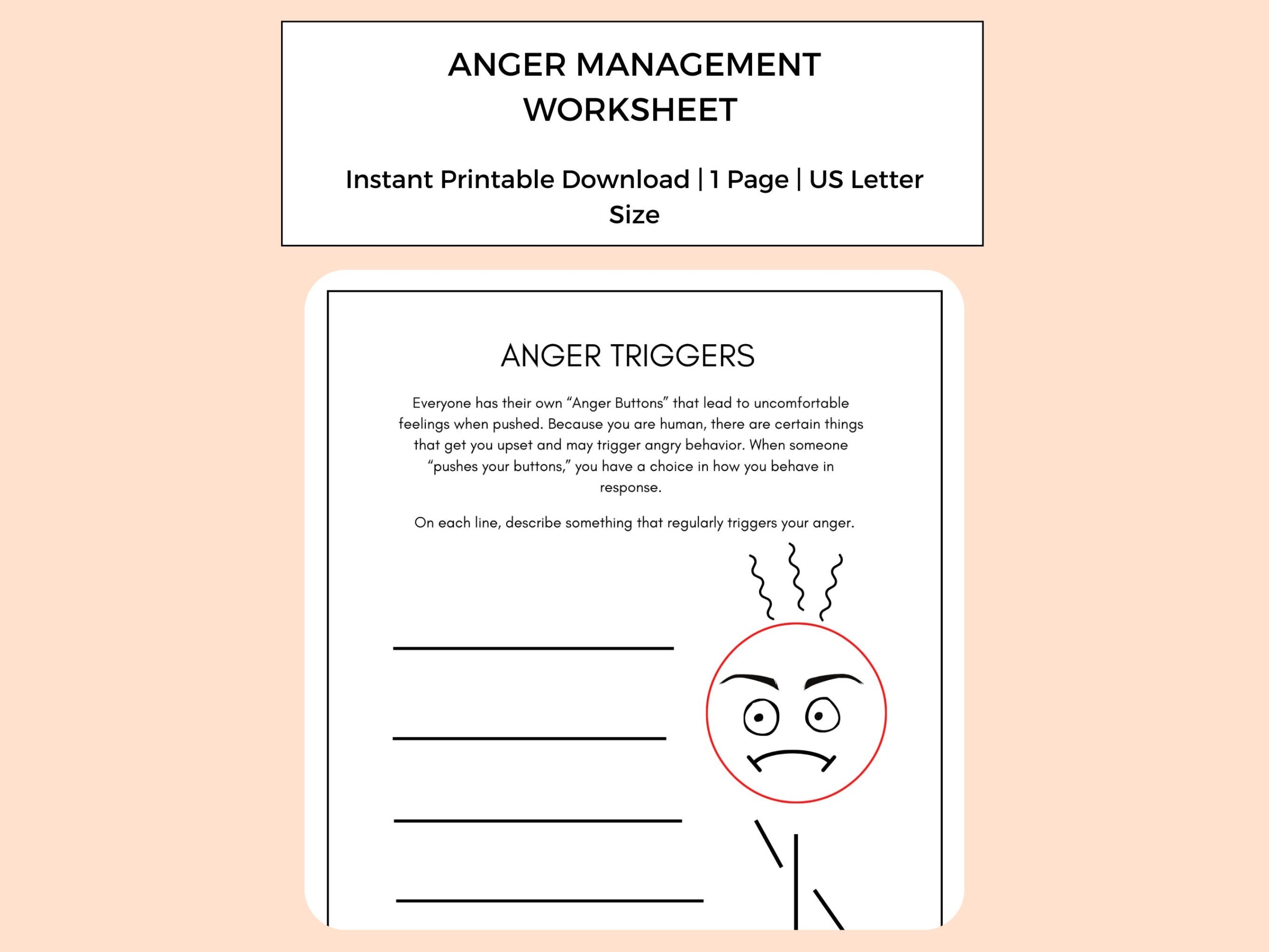 Anger Management Worksheets Anger Triggers And Skills Anger Management Skills Anger Worksheets Etsy