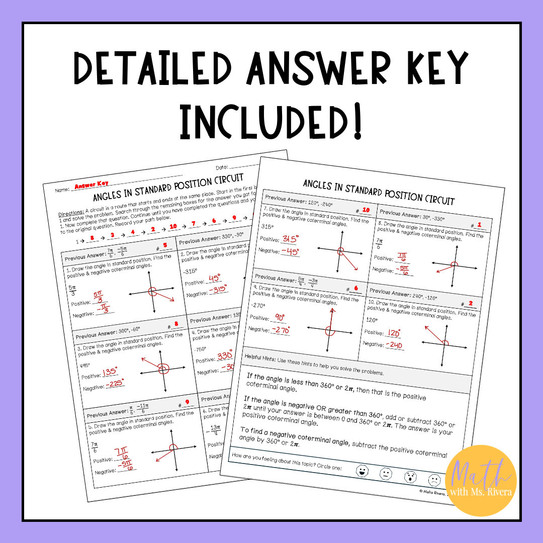 Angles In Standard Position Differentiated Circuit Worksheet Trigonometry Maila Rivera Math With Ms Rivera High School Math Resources