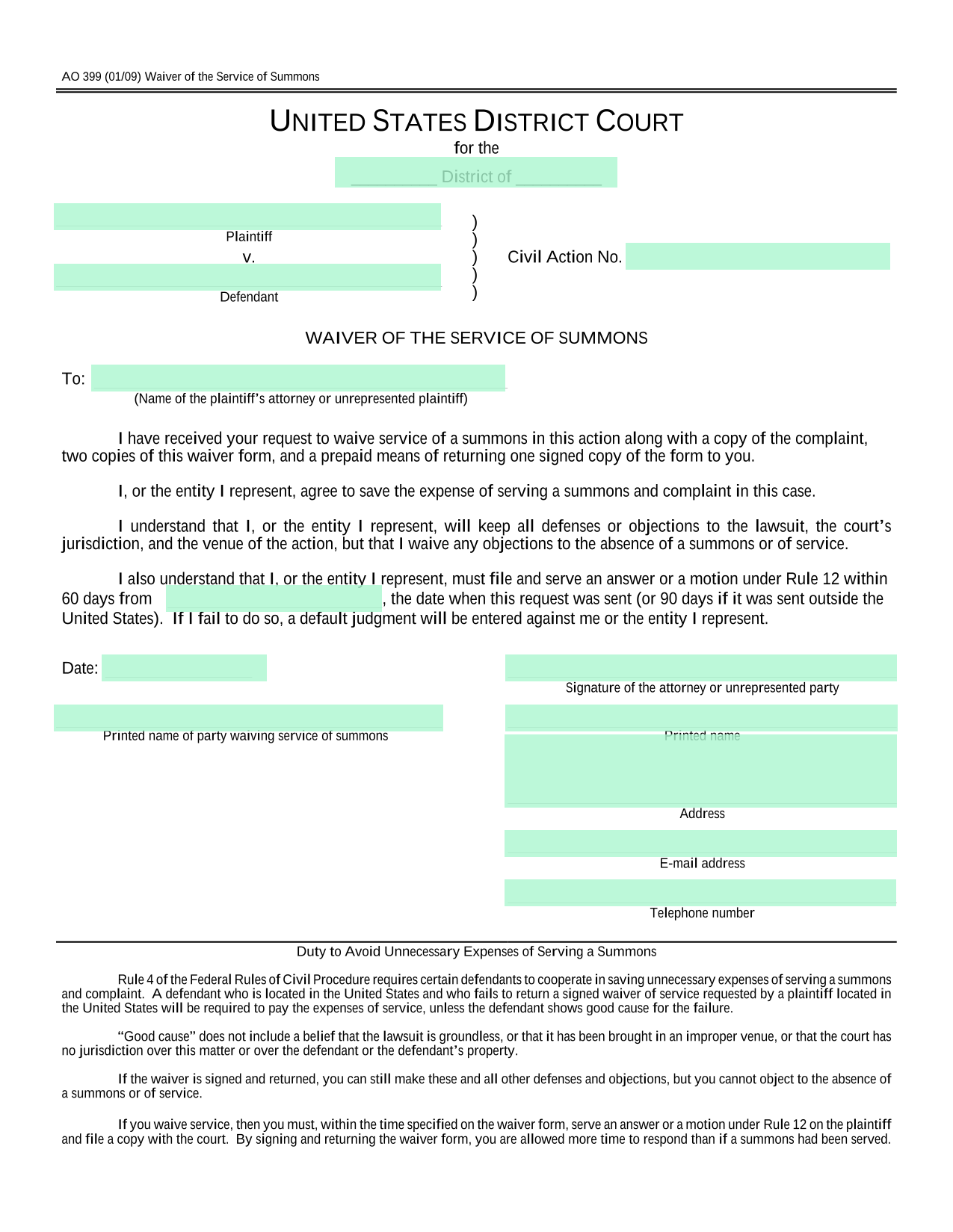 AO 399 Waiver Of The Service Of Summons