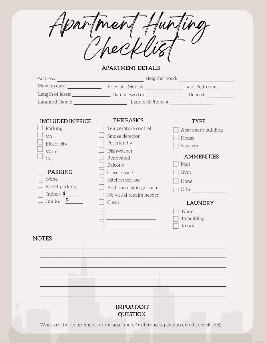 Apartment Hunting Checklist Neutral PDF Printable Instant Download Etsy