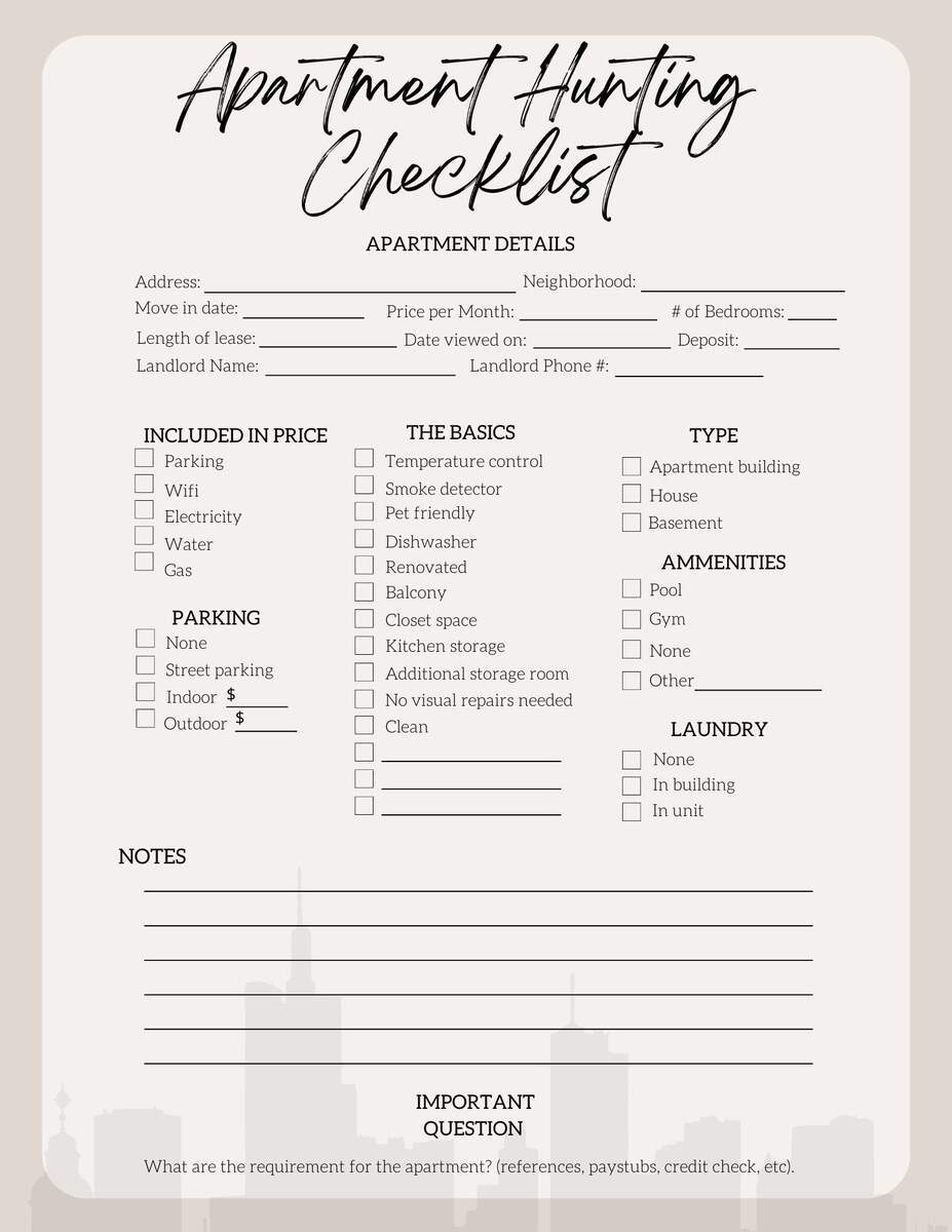 Apartment Hunting Checklist Neutral PDF Printable Instant Download Etsy