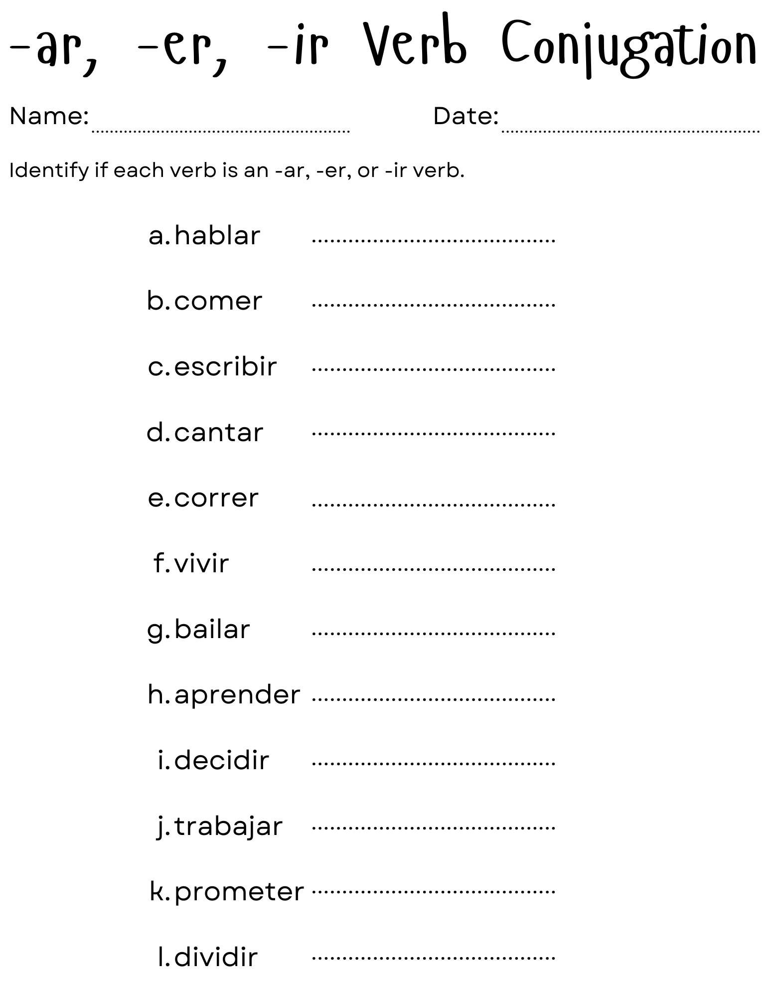 Ar Er Ir Verbs In Spanish Practice Worksheet Teaching Resources
