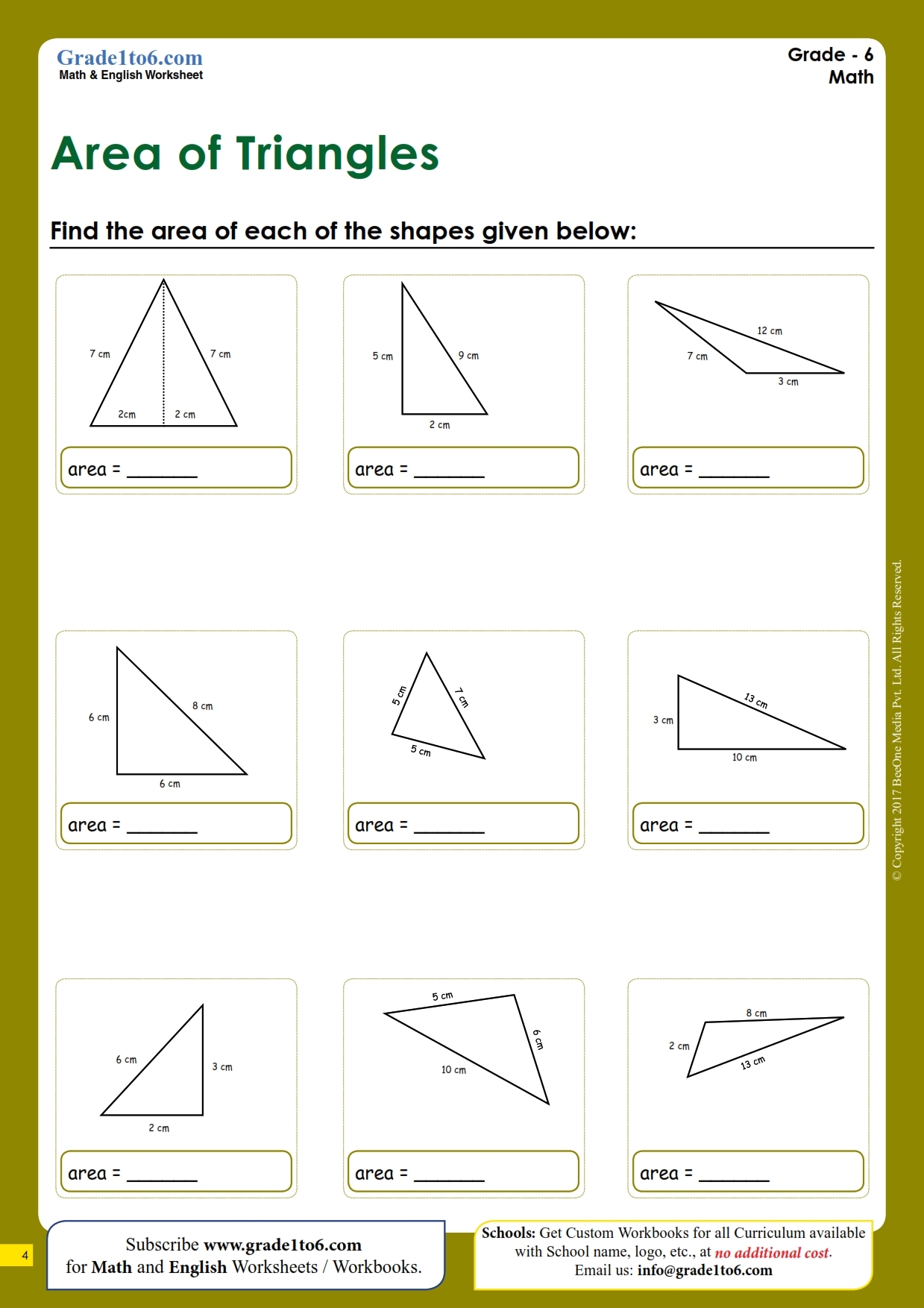 Area Of Triangles Worksheets Grade1to6