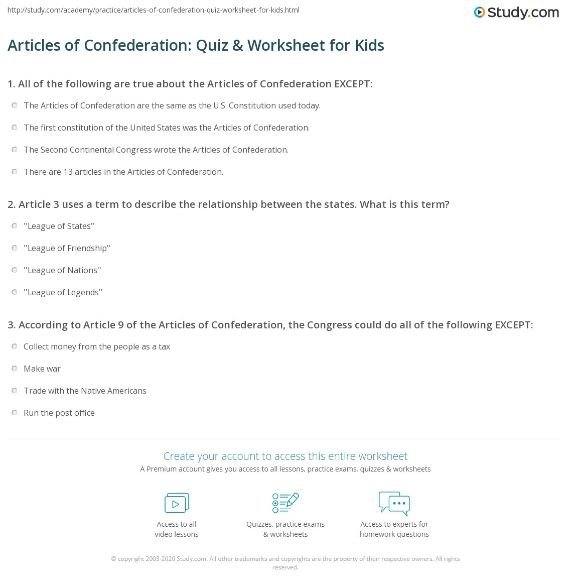 Articles Of Confederation Quiz Worksheet For Kids Study