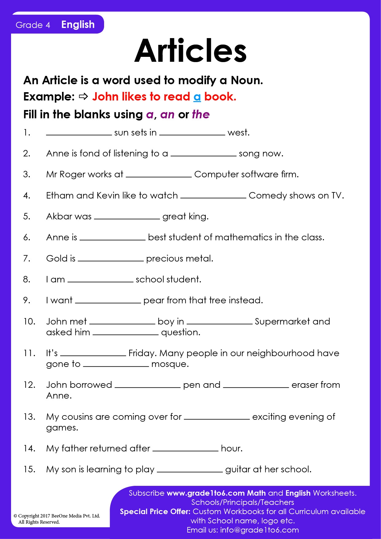 Articles Worksheet For Class 4 Grade1to6 Articles Worksheet For Class 4 Grade1to6