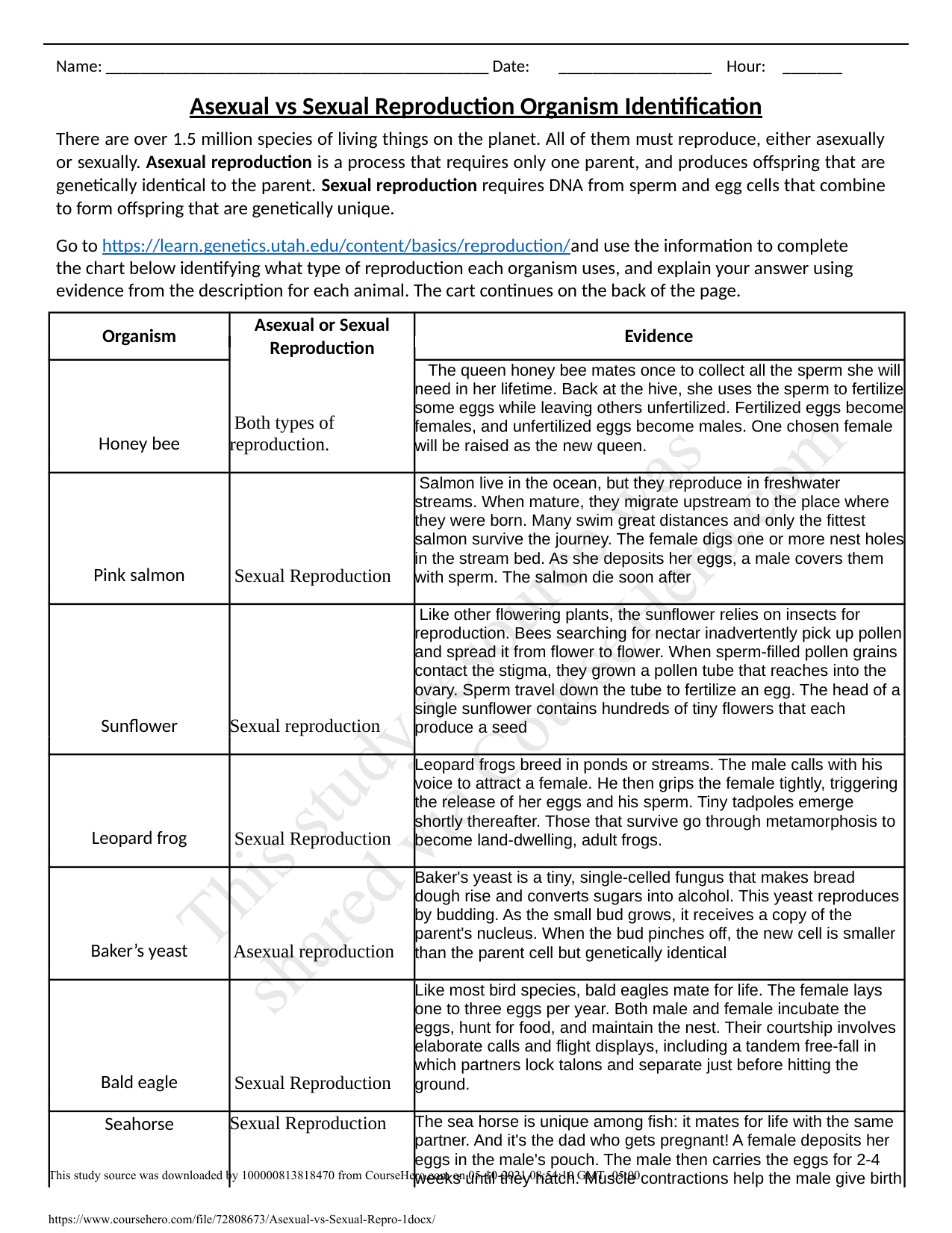 Asexual And Sexual Reproduction Worksheet Worksheets Library