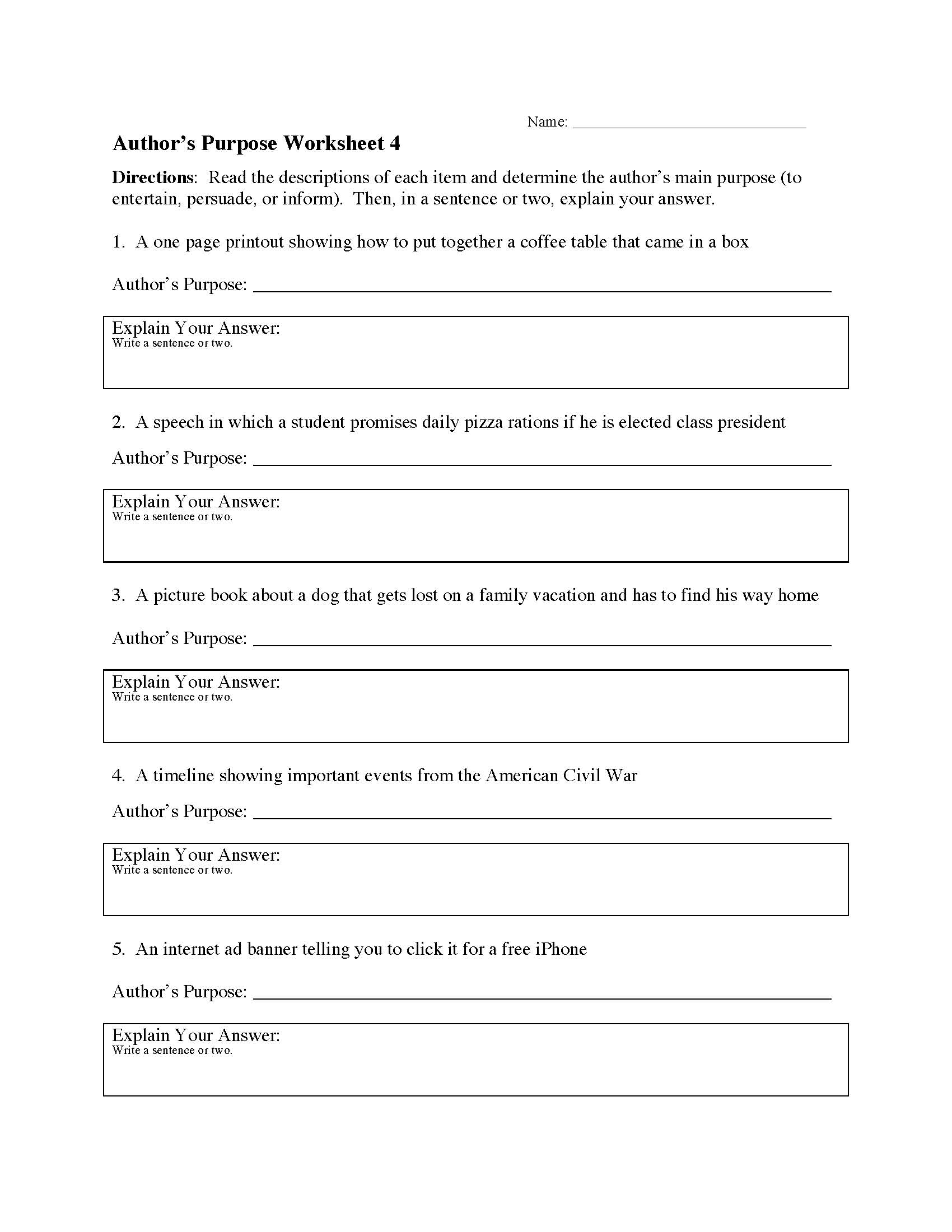 Author S Purpose Worksheet 4 Reading Activity