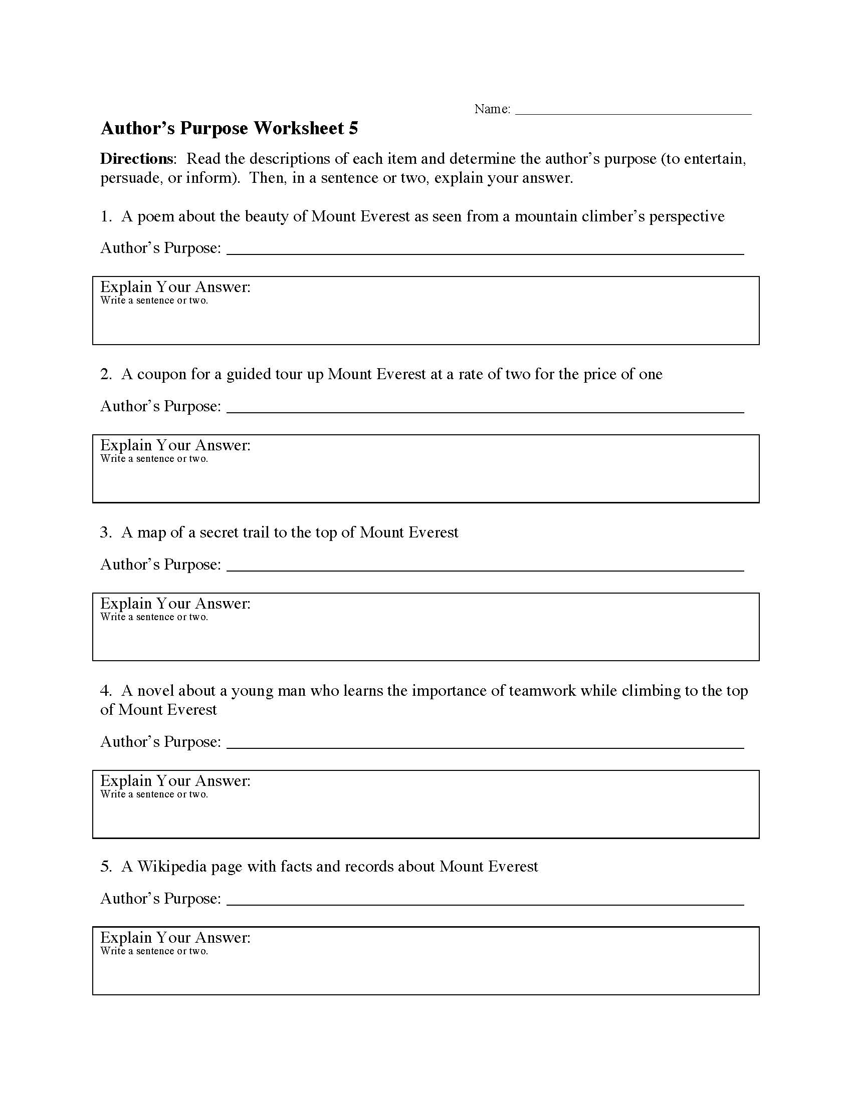 Author S Purpose Worksheets Reading Skills