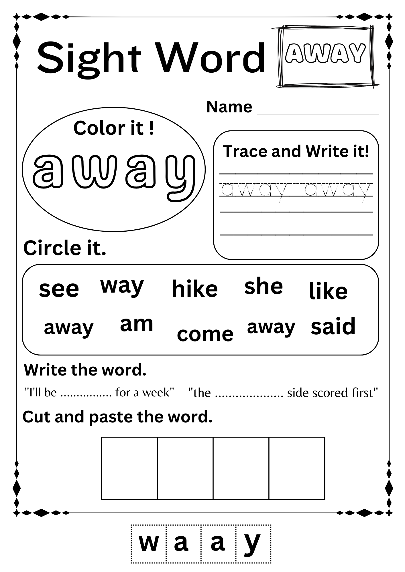 Away Sight Word Worksheet Kindergarten Made By Teachers