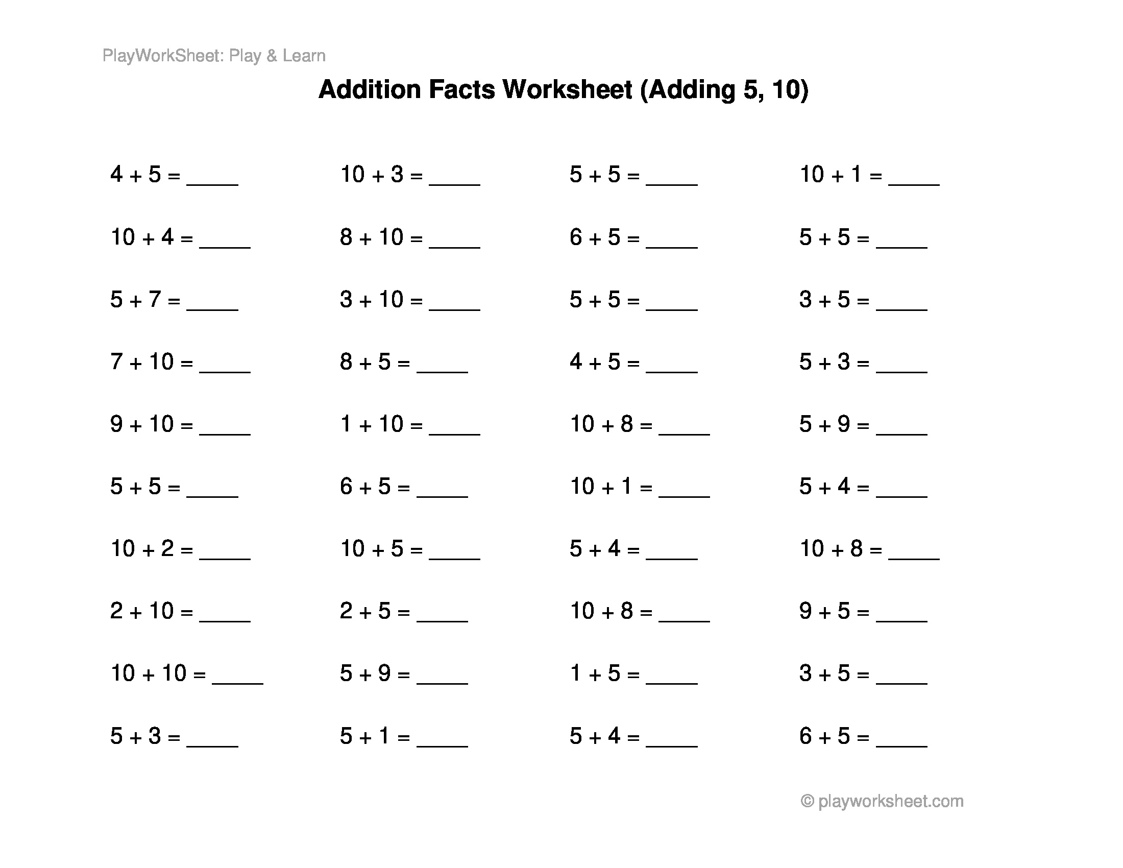 Basic Addition Facts Worksheet Adding 5 And 10 Free Printables For Kids Basic Addition Facts Worksheet Adding 5 And 10 Free Printables For Kids