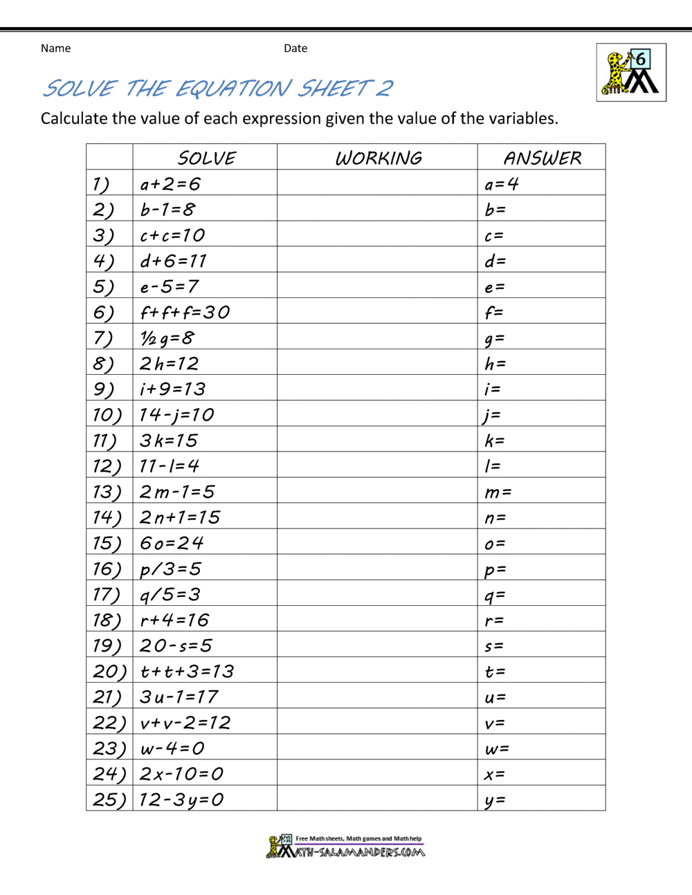 Basic Algebra Worksheets