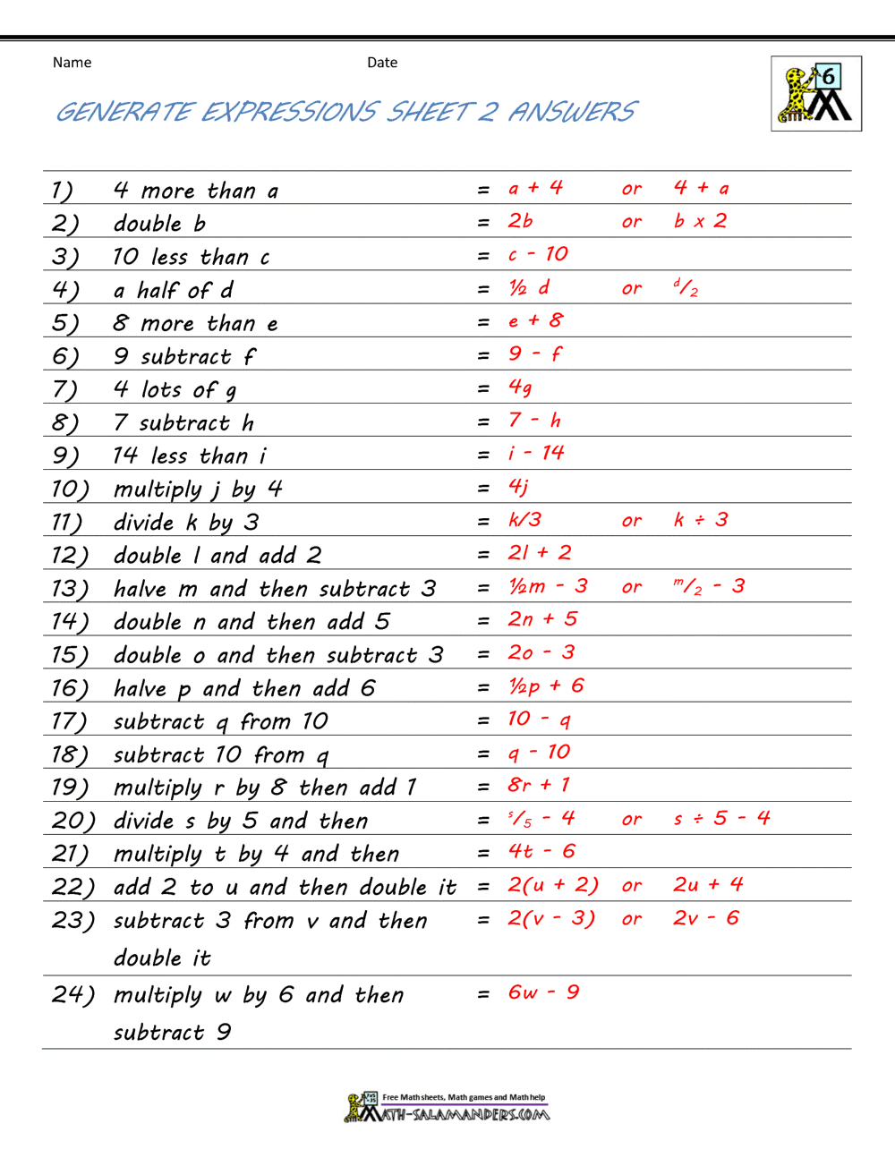 Basic Algebra Worksheets
