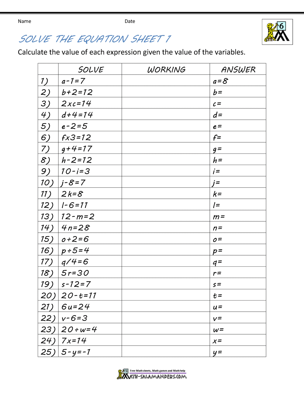 Free Worksheets For Linear Equations Grades 6 9 Pre Algebra Algebra 1