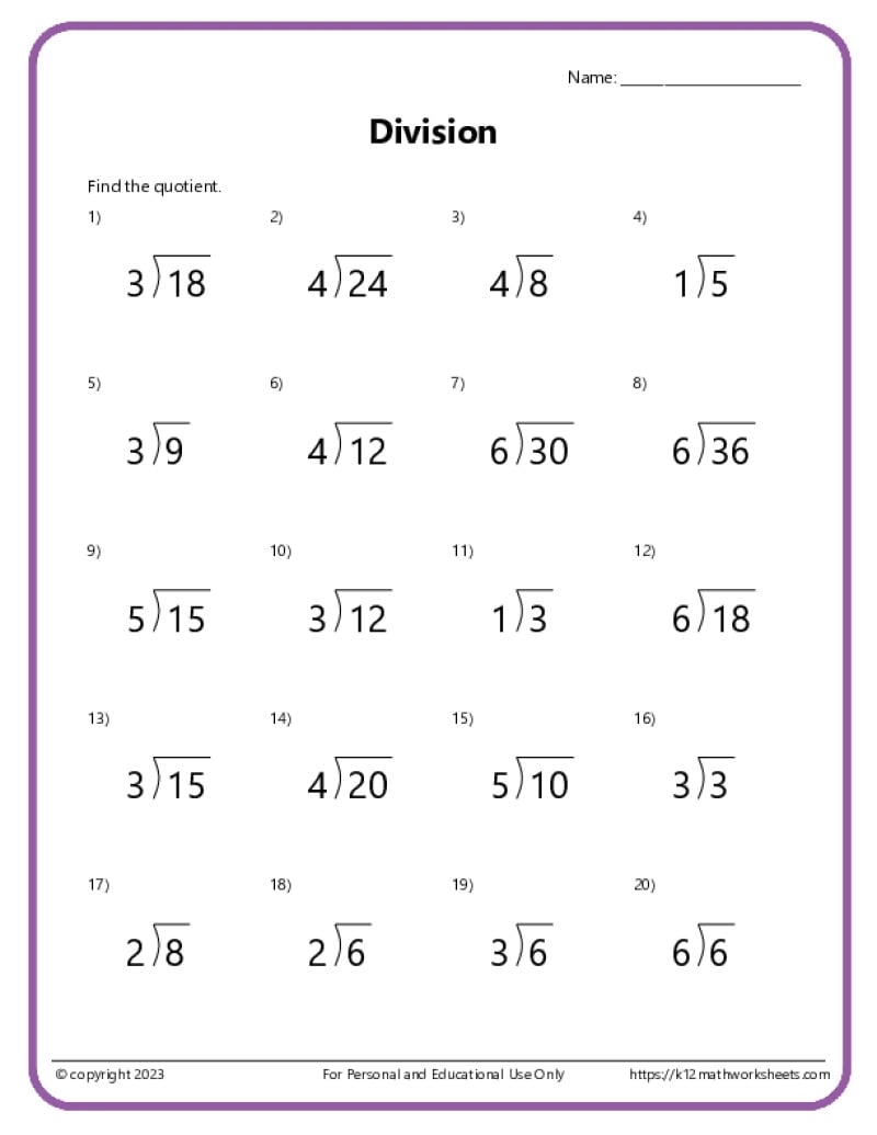 Division Facts Worksheets