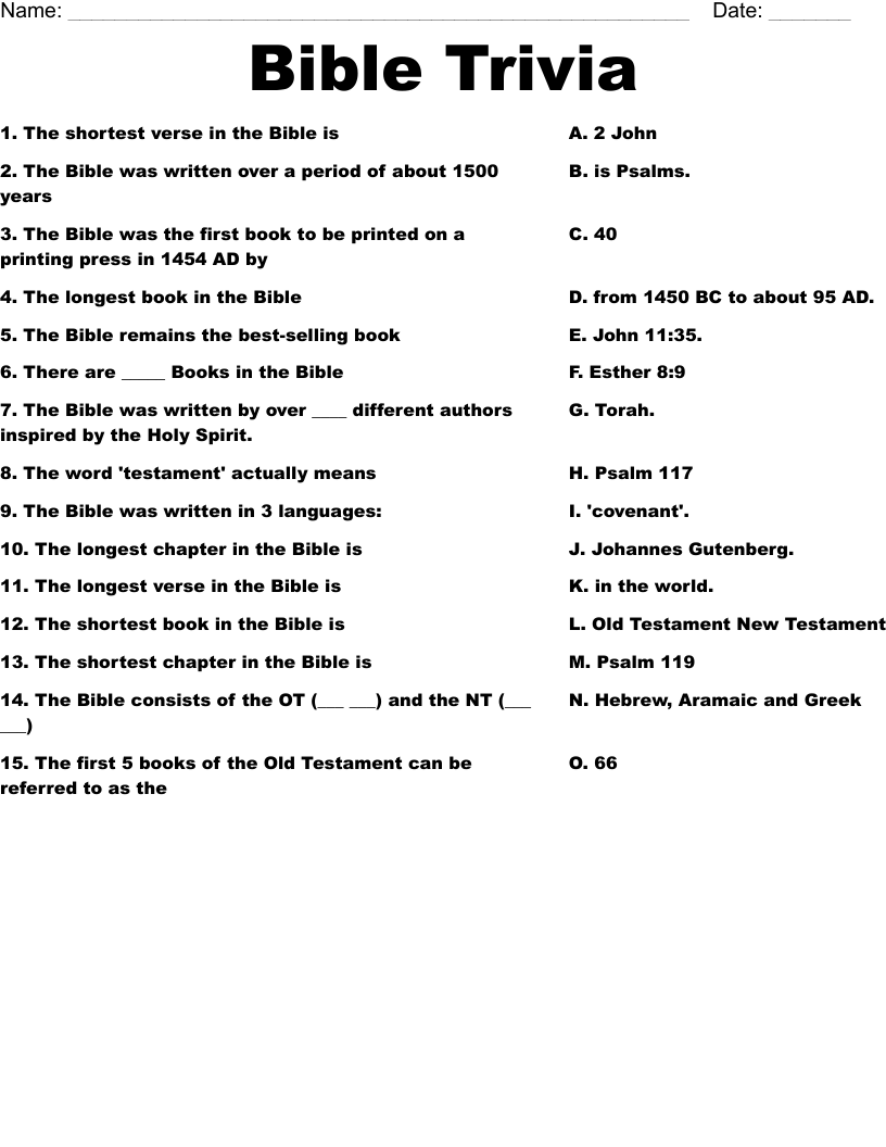 Bible Trivia Worksheet WordMint Bible Trivia Worksheet WordMint