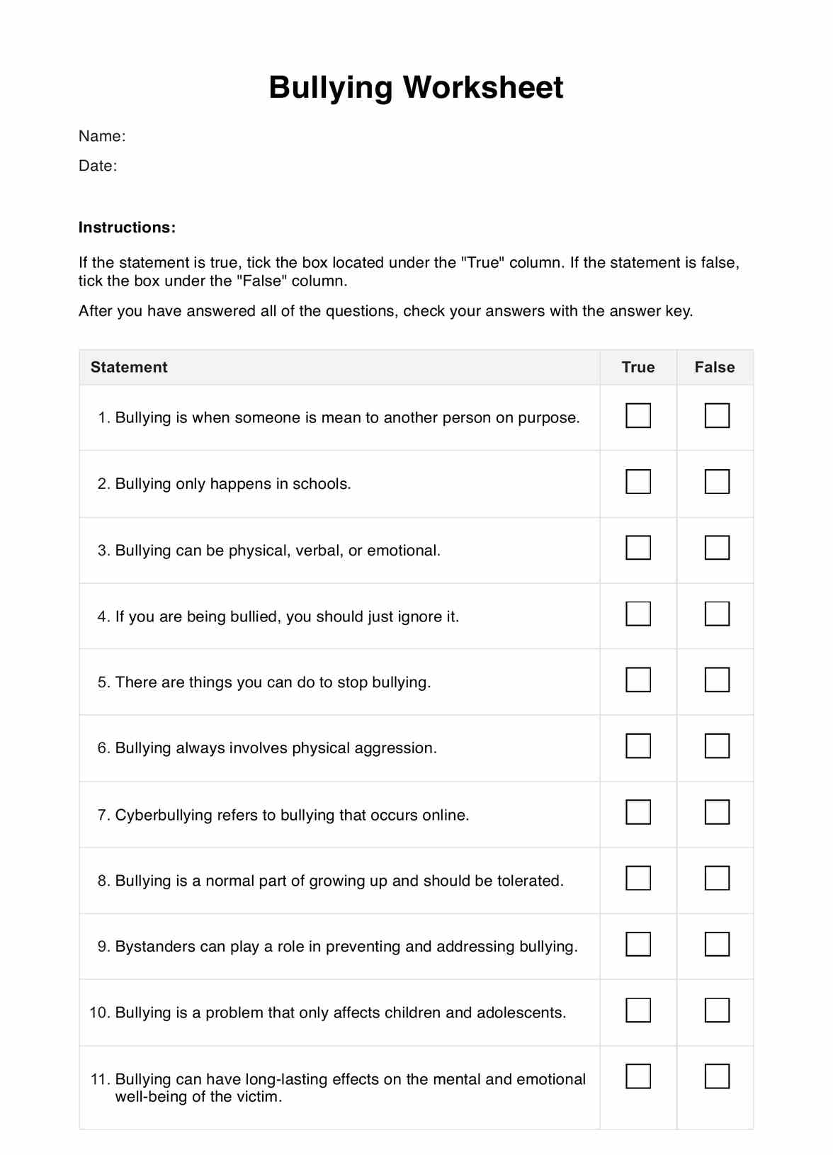 Bullying Worksheet