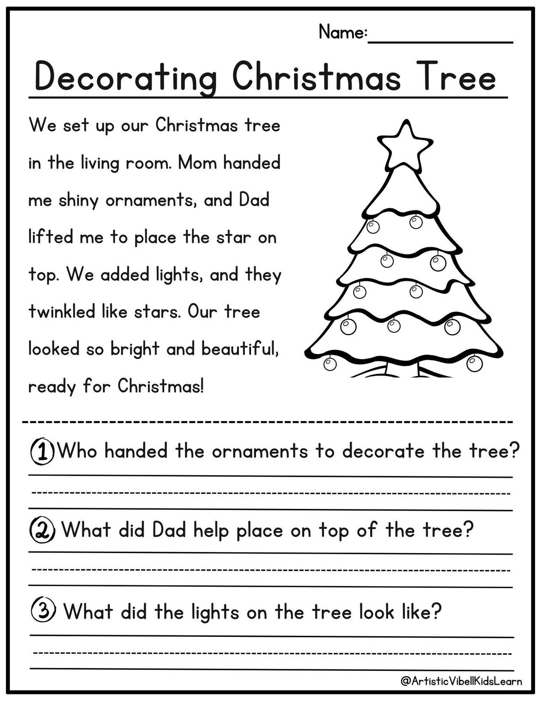 Christmas Reading Comprehension Printable Kindergarten First Grade Worksheets Instant Download Fluency Worksheet English Learing Etsy