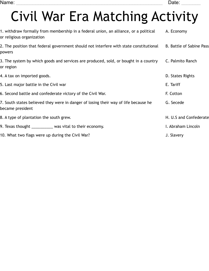 Civil War Era Matching Activity Worksheet WordMint