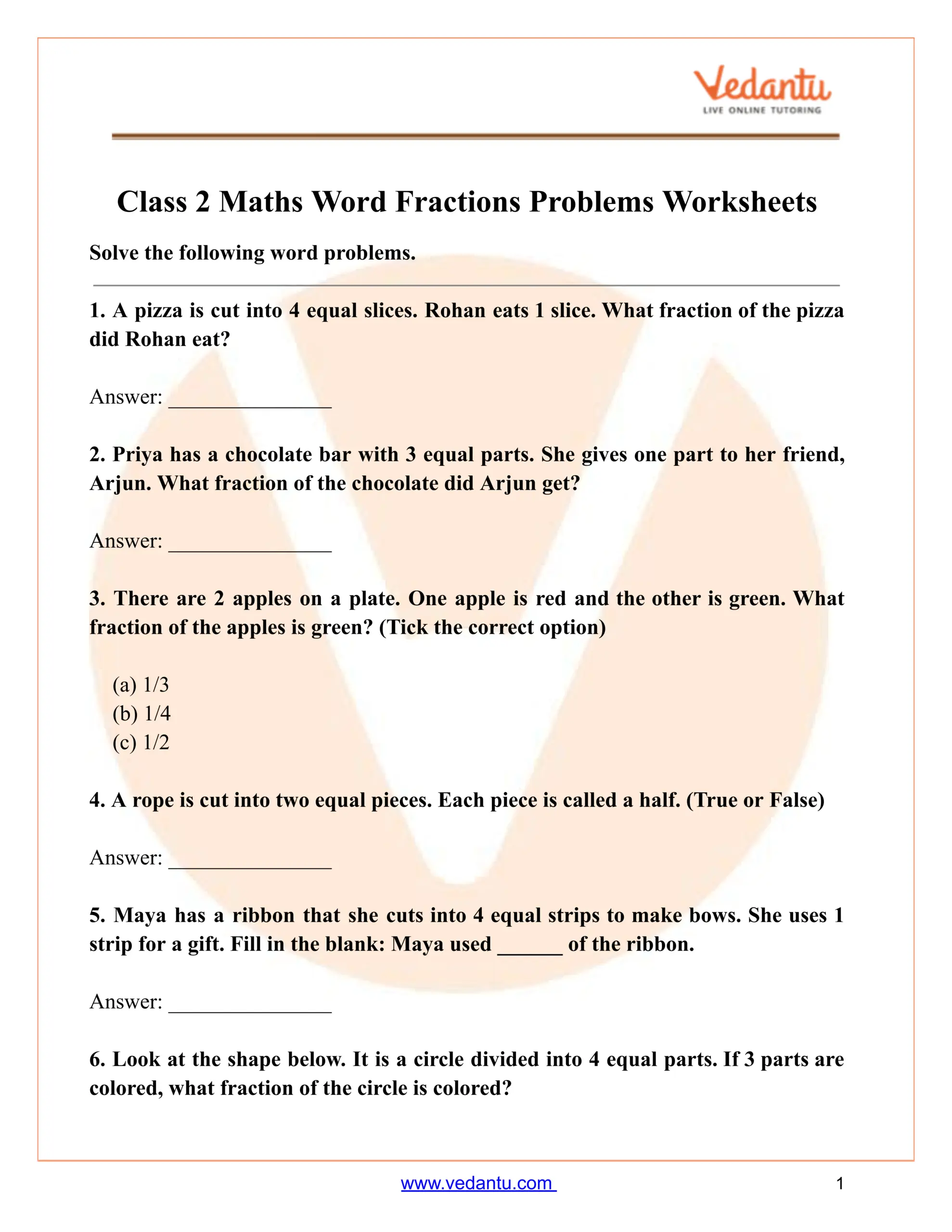 Class 2 Maths Word Fractions Problems Worksheet PDF