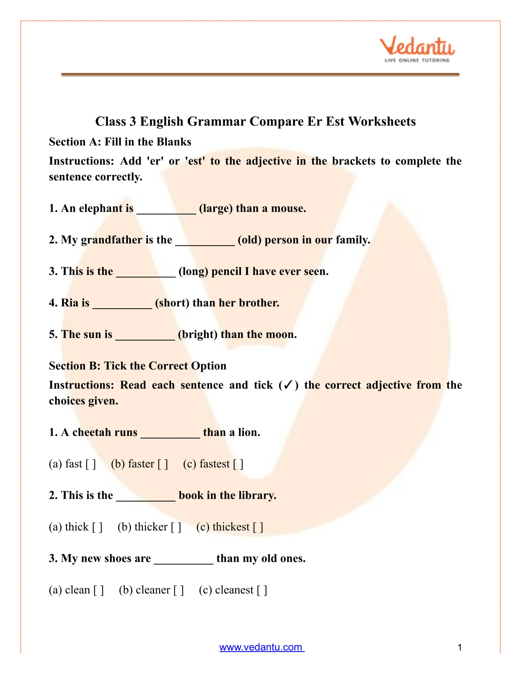 Class 3 English Grammar Compare Er And Est Worksheets PDF