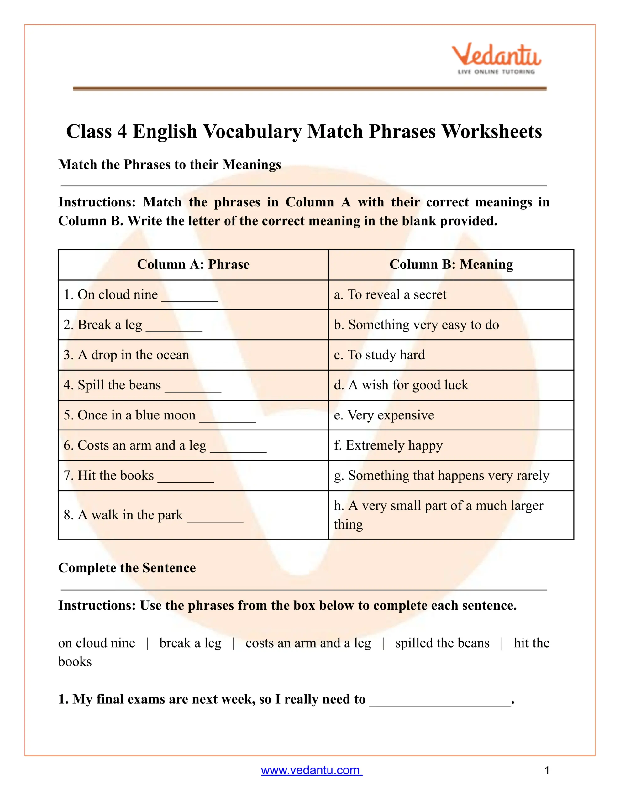 Class 4 Vocabulary Match Phrases Worksheet PDF Free Printable