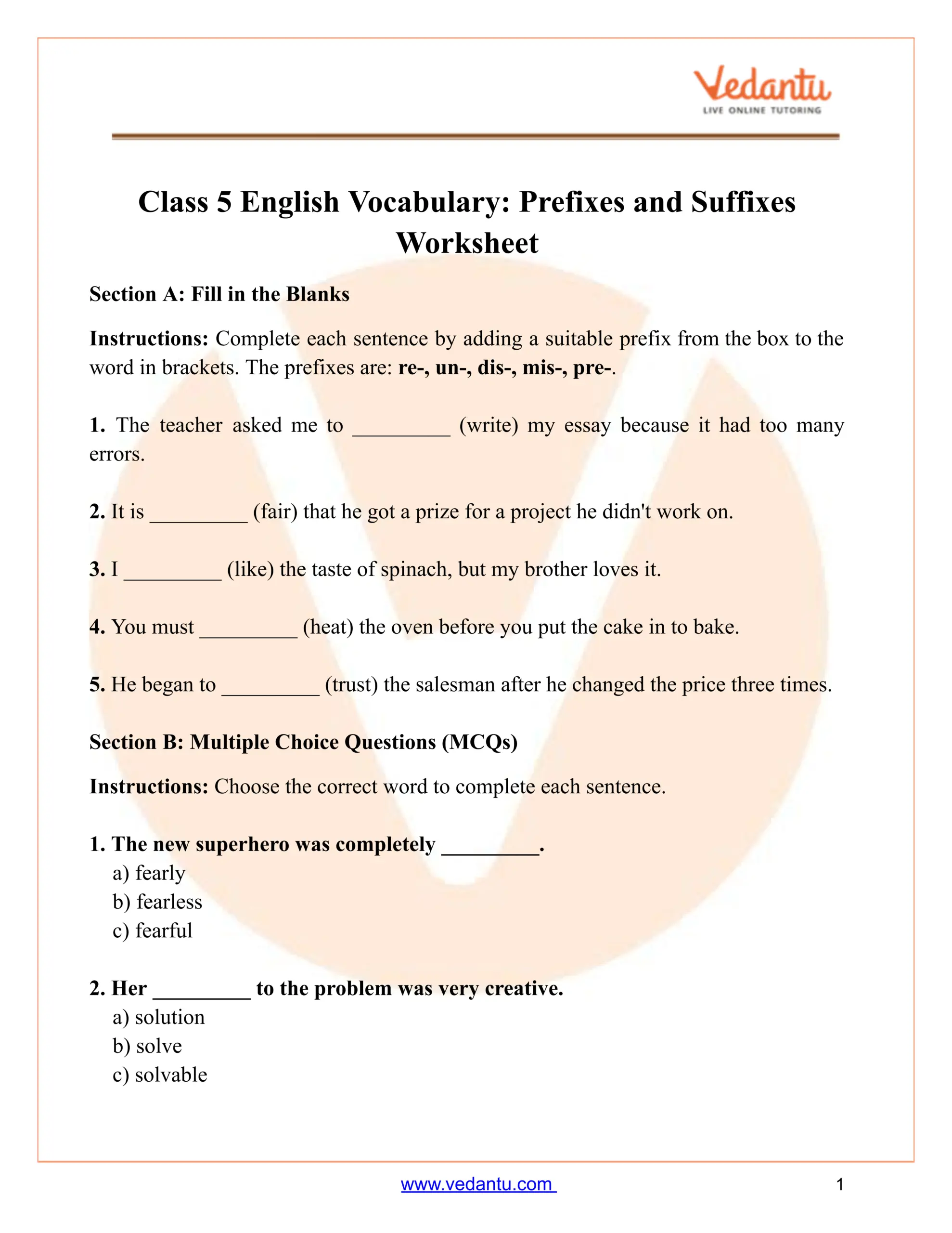 Class 5 Prefixes Suffixes Worksheet PDF Vocabulary Practice