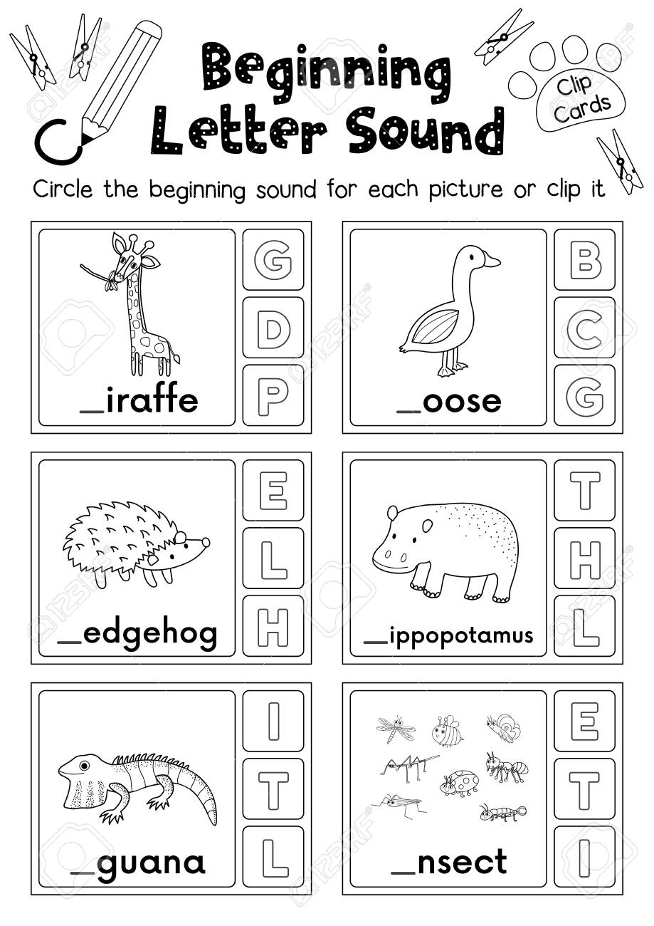 Clip Cards Matching Game Of Beginning Letter Sound G H I For Preschool Kids Activity Worksheet In Animals Theme Coloring Printable Version Layout In A4 Royalty Free SVG Cliparts Vectors And Stock