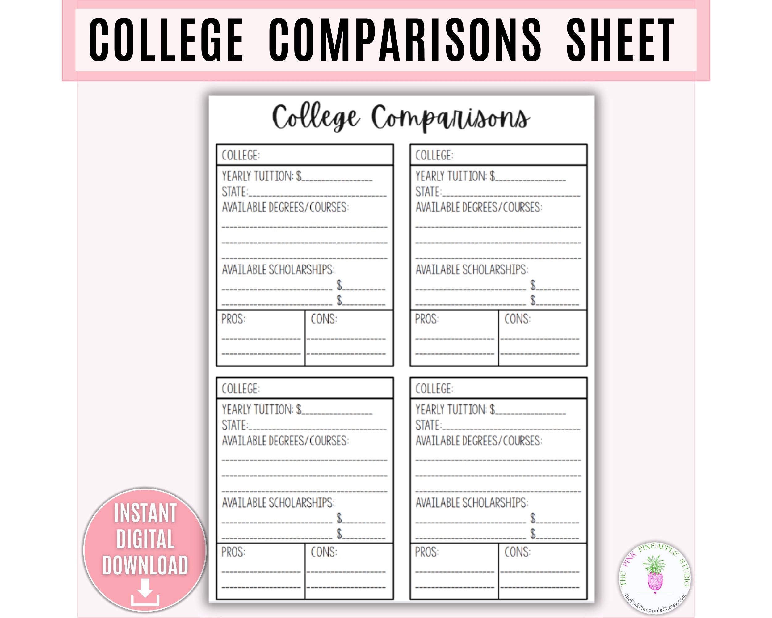 College Comparison Printable College Tour Worksheet School Comparison College Checklist College Search University Comparison Template Etsy
