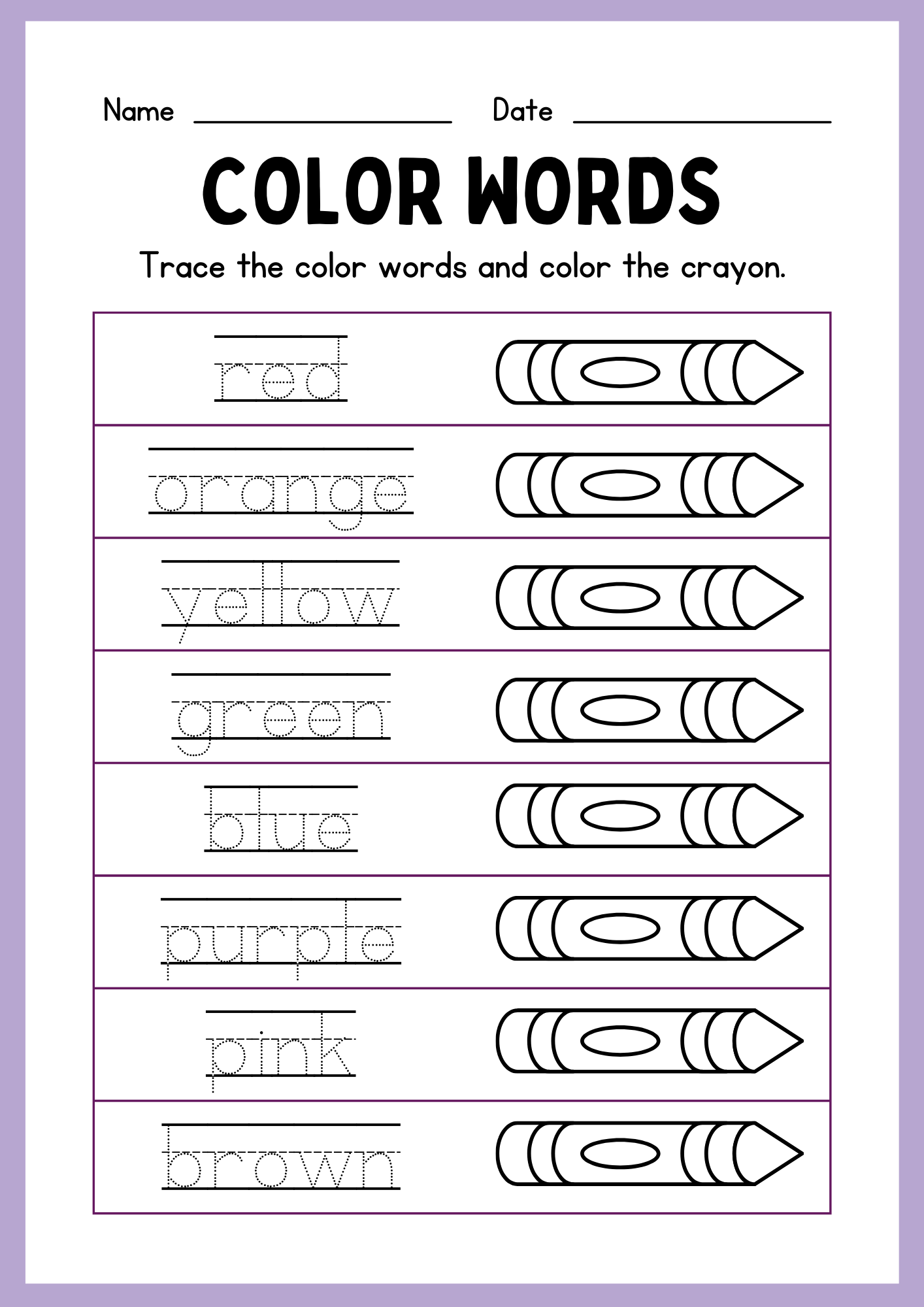 Color Word Tracing Worksheets Preschool Kindergarten Activity PDF Downloadable Printable Resource Etsy