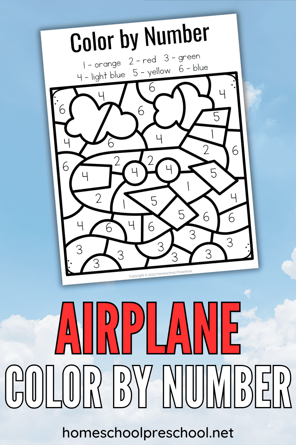 Color By Number Airplane Worksheet For Preschoolers