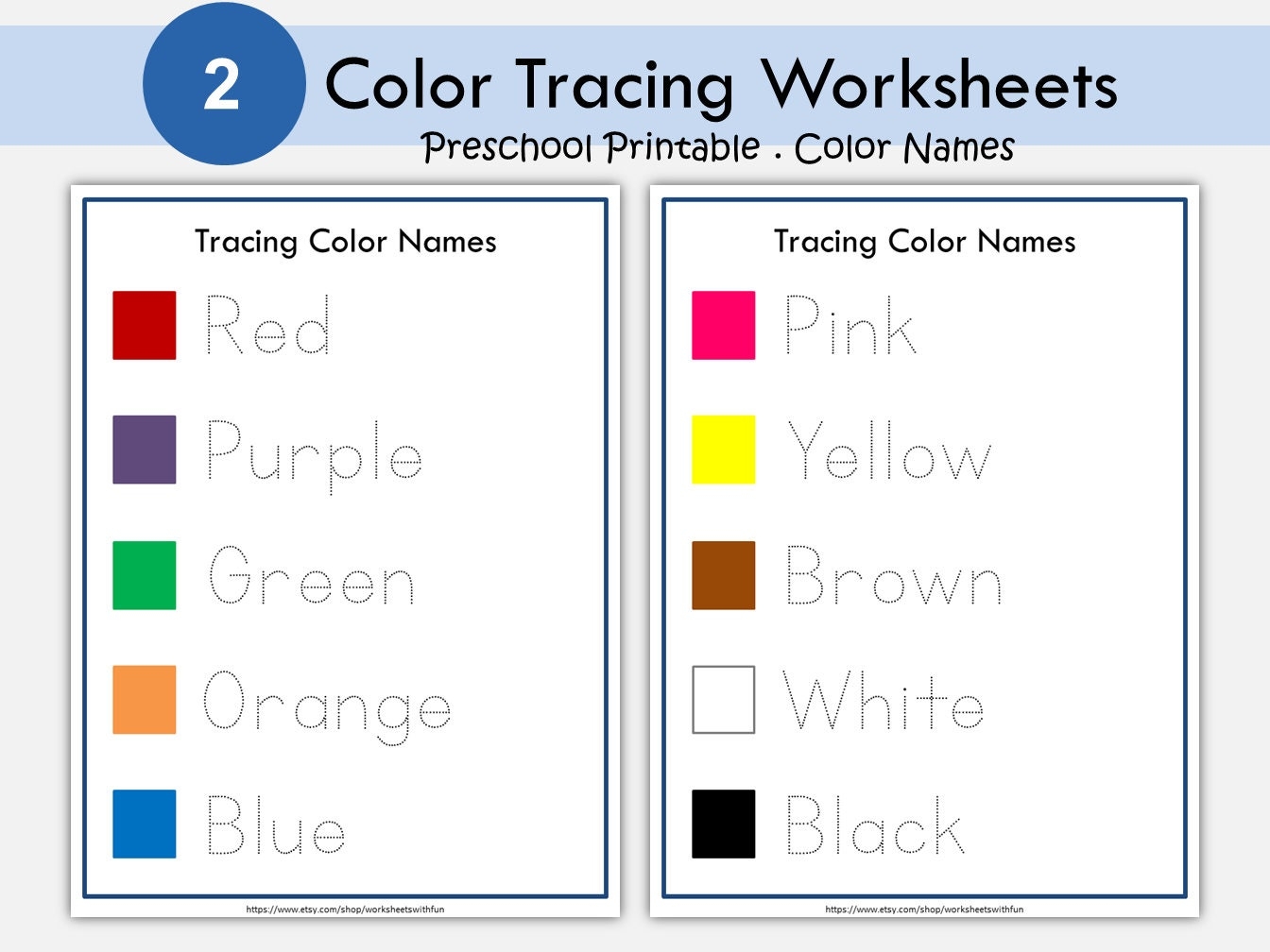 Color Word Tracing Worksheets Preschool Kindergarten Activity PDF Downloadable Printable Resource Etsy